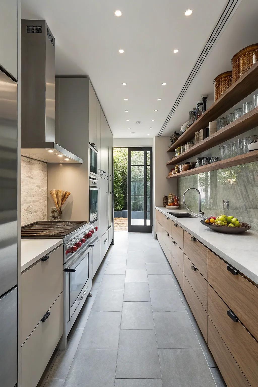 A modern galley kitchen that maximizes space and efficiency in a sleek design.