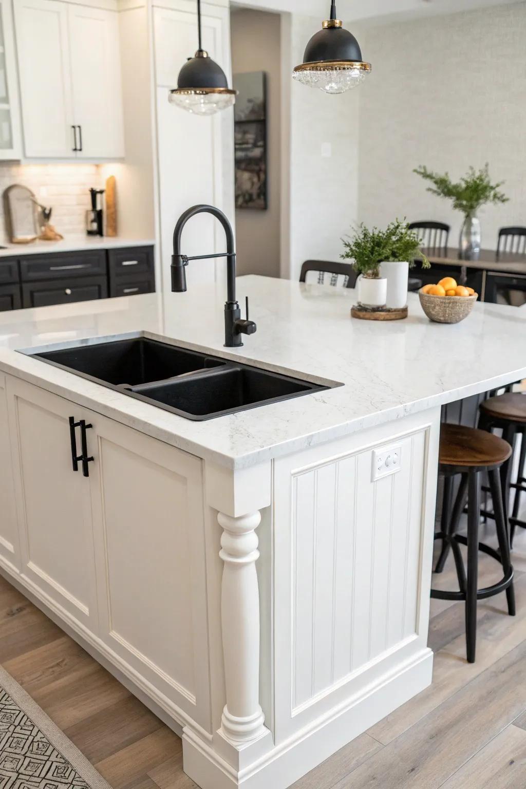 A striking contrast with a black sink adds drama to a white kitchen island.