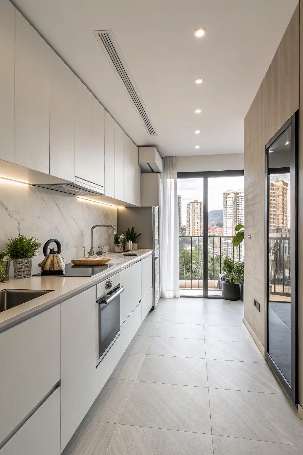 A sleek one-wall kitchen maximizes space in a modern apartment.