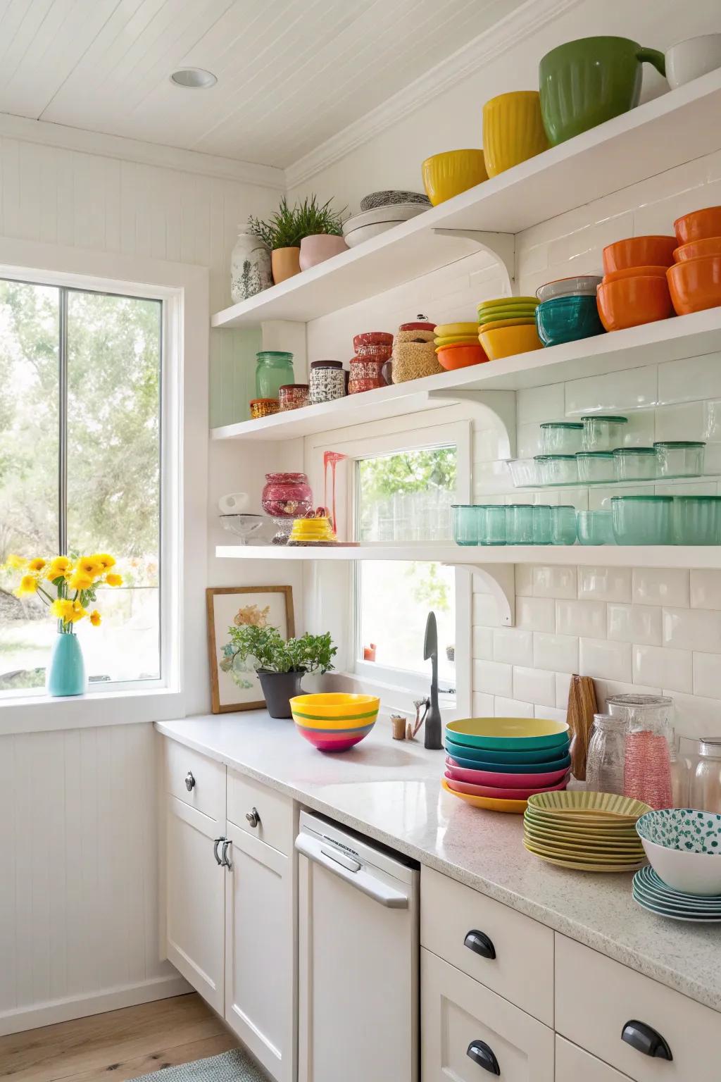 Open shelving adds charm and functionality to any kitchen space.