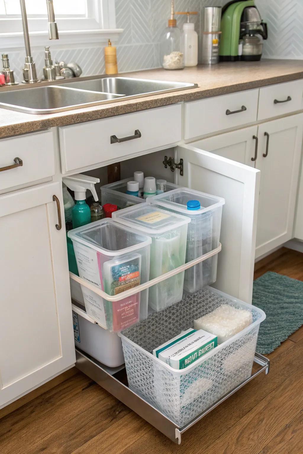 A well-organized under-sink area with stackable bins for optimal storage.