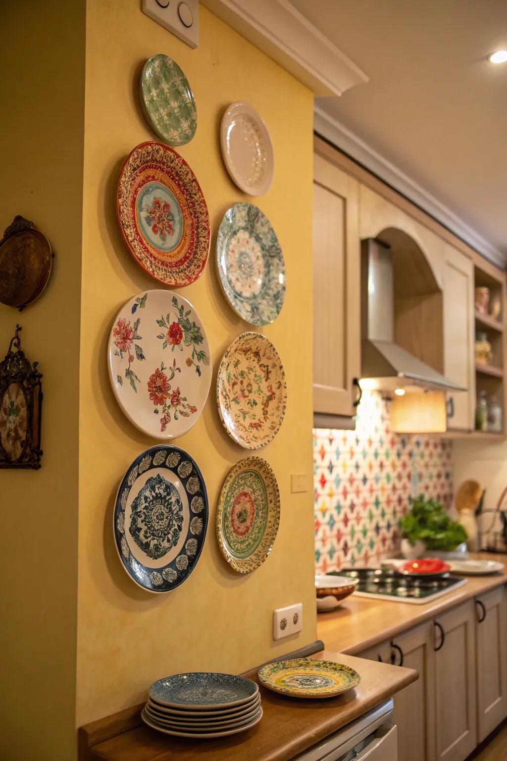 A stunning collection of decorative plates creates a focal point in the kitchen.