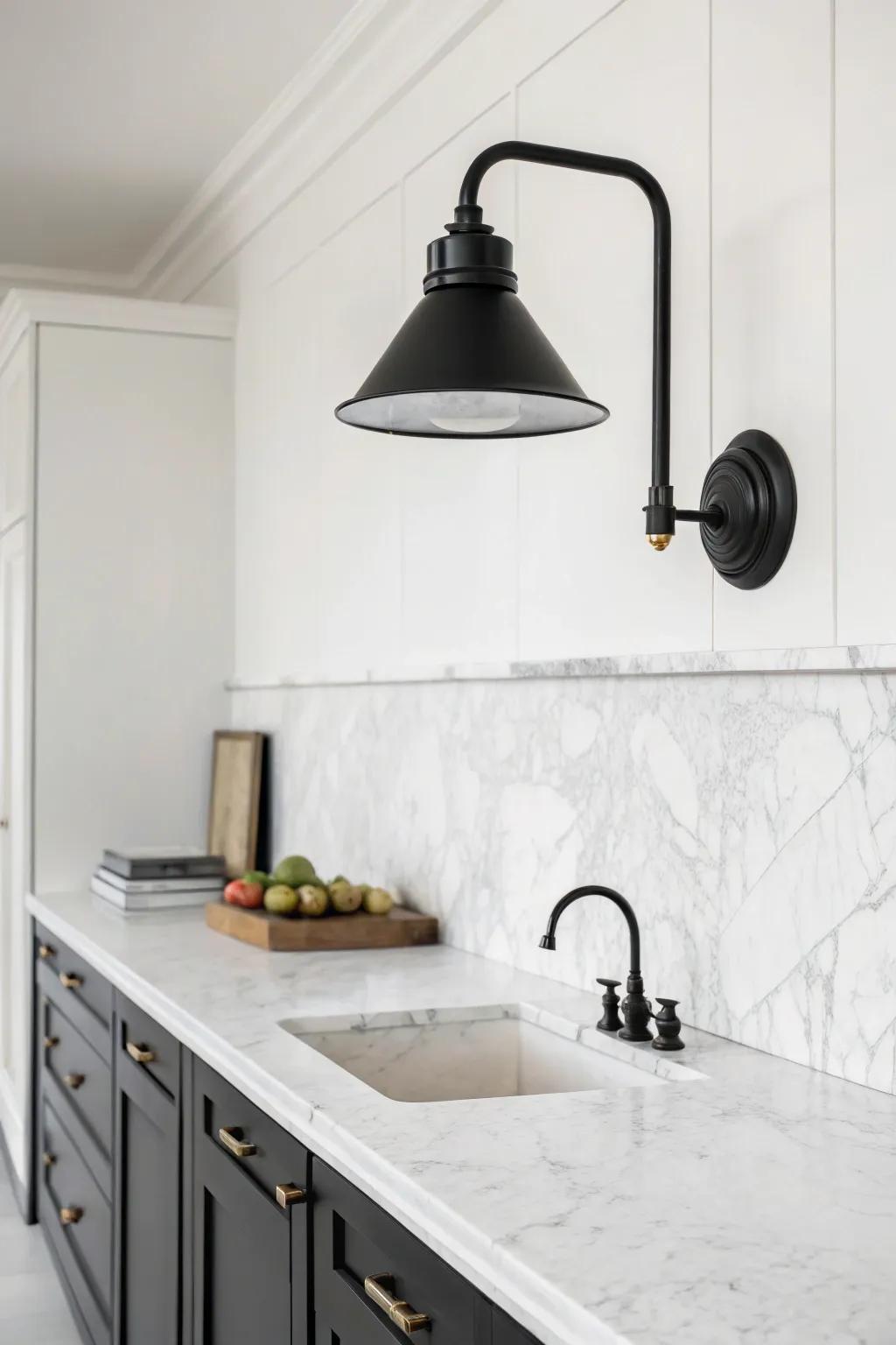 A minimalist black wall sconce adds a touch of elegance to any kitchen.