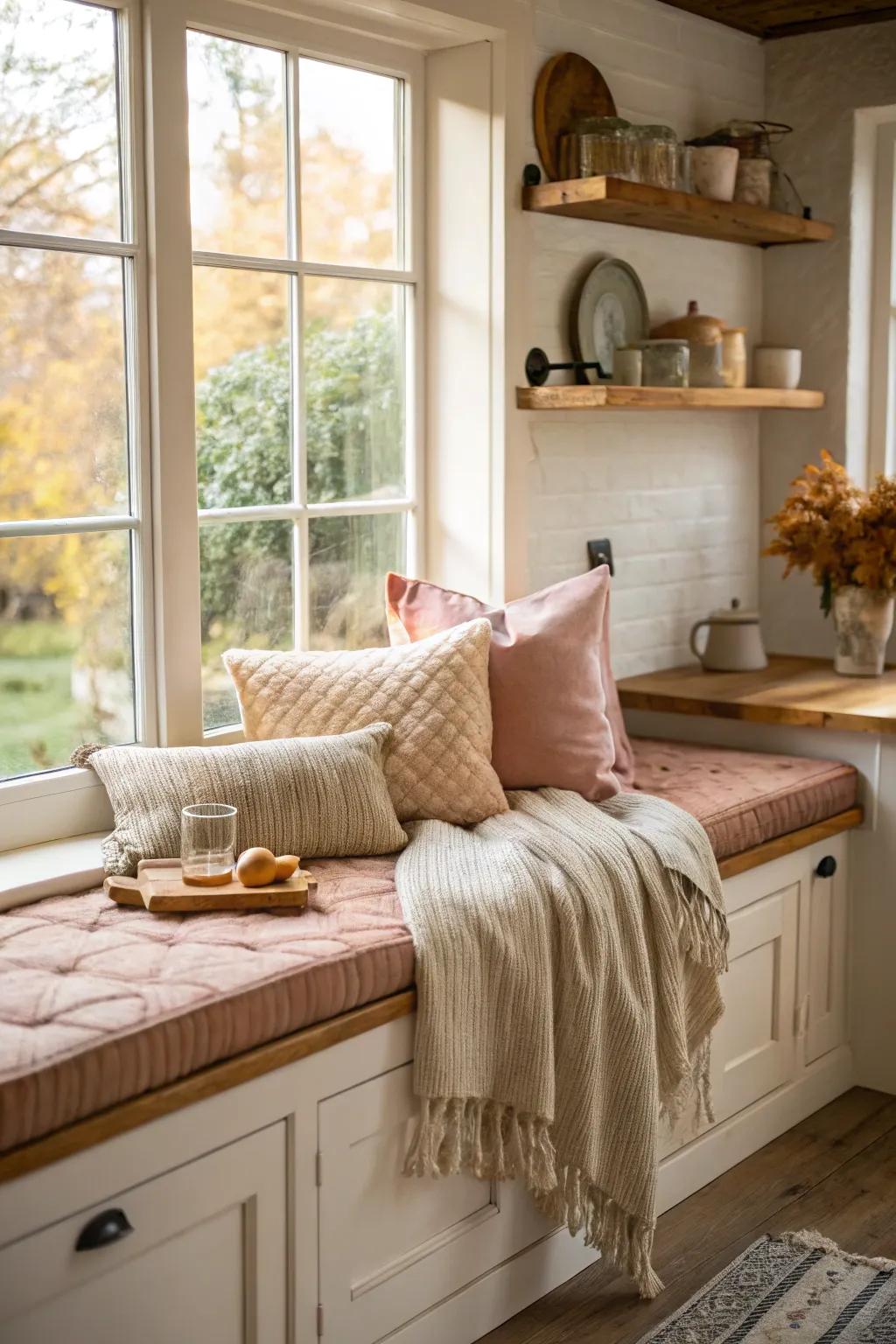 Layered plush textures create a cozy kitchen window seat.