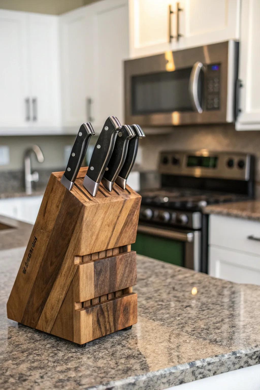 A classic wooden knife block that adds warmth to your kitchen.