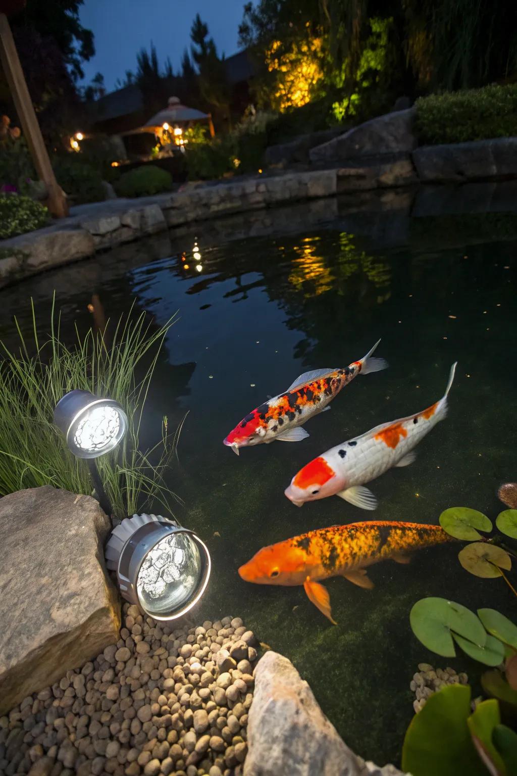 Underwater LED spotlights bring out the vibrant colors of koi fish.