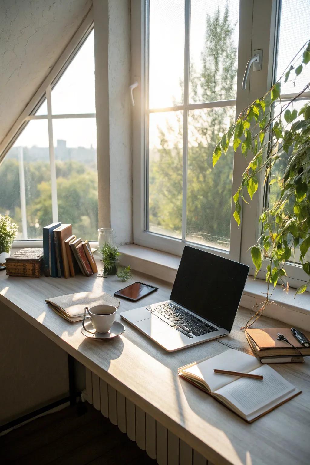 Utilize natural light by placing your desk near a window for an inspiring work environment.