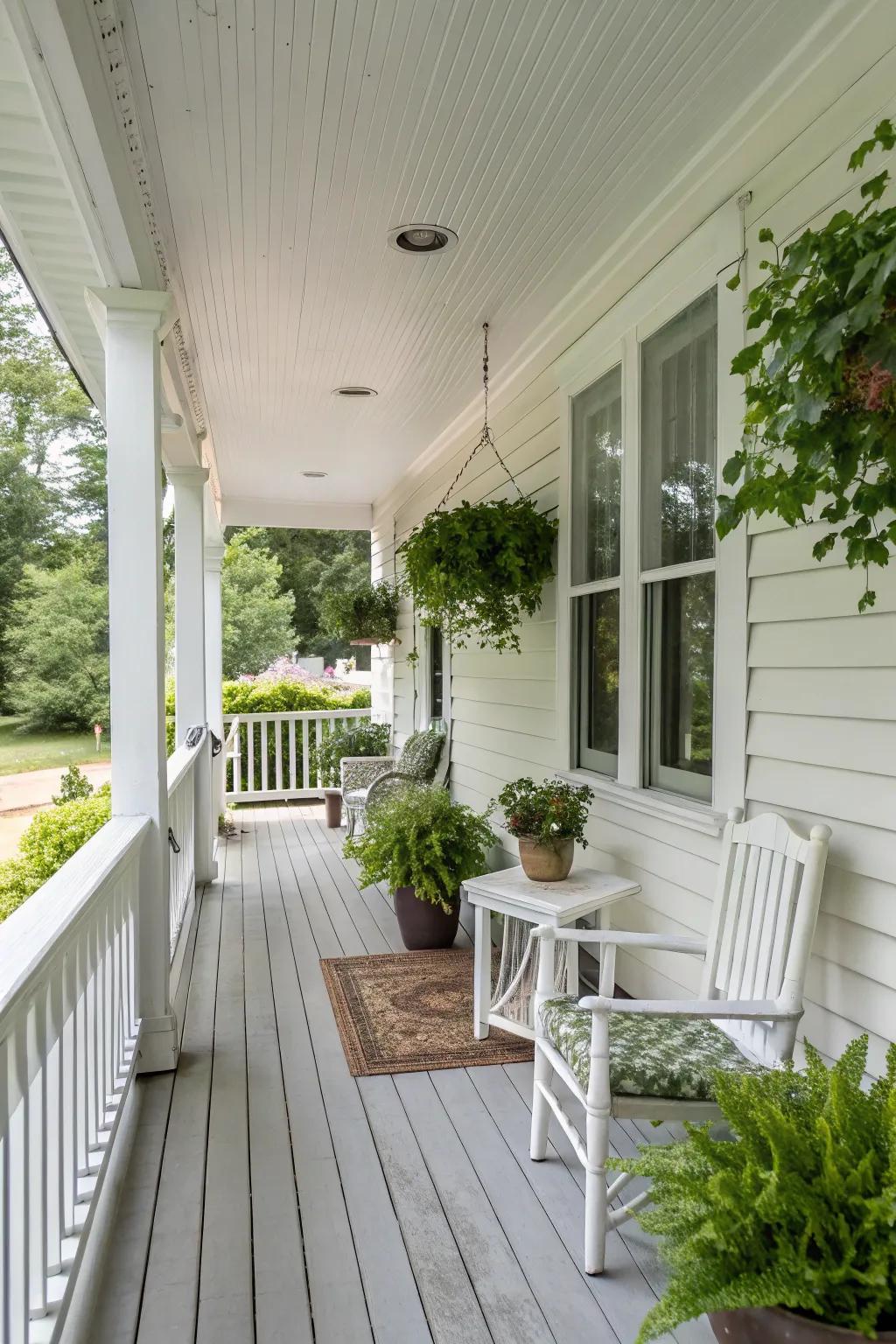 A classic white porch with simple, elegant decor.