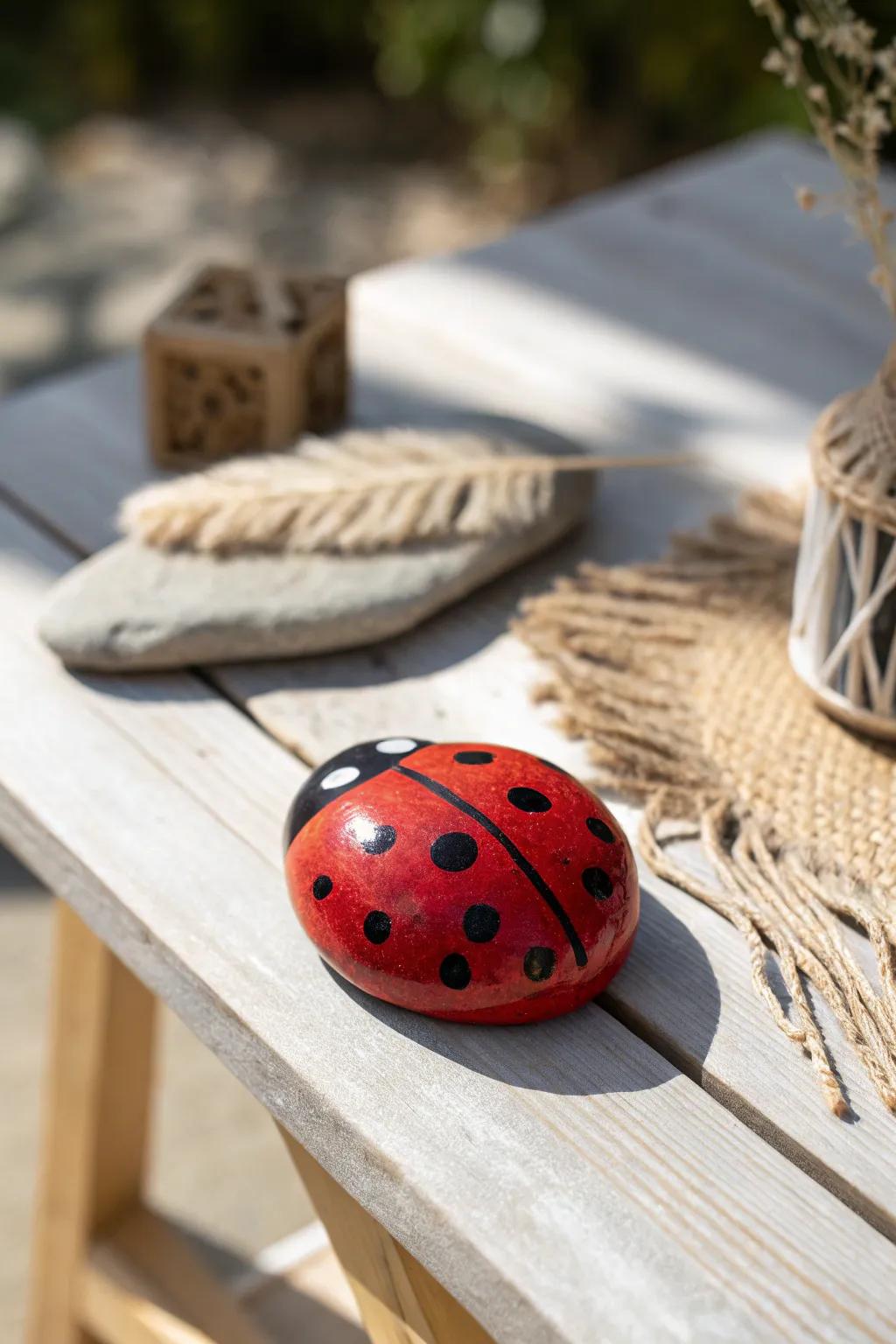 Embrace simplicity and charm with a classic red ladybug rock, where nature meets artistry.