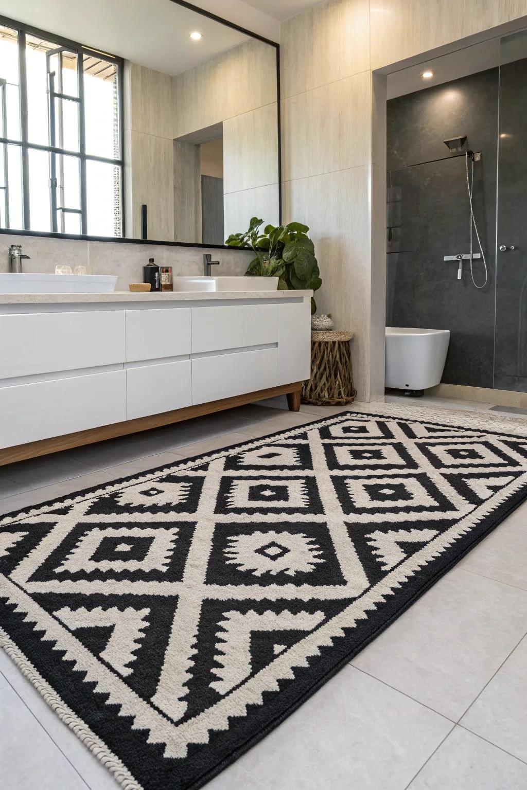 A geometric rug adds a bold statement to any bathroom.