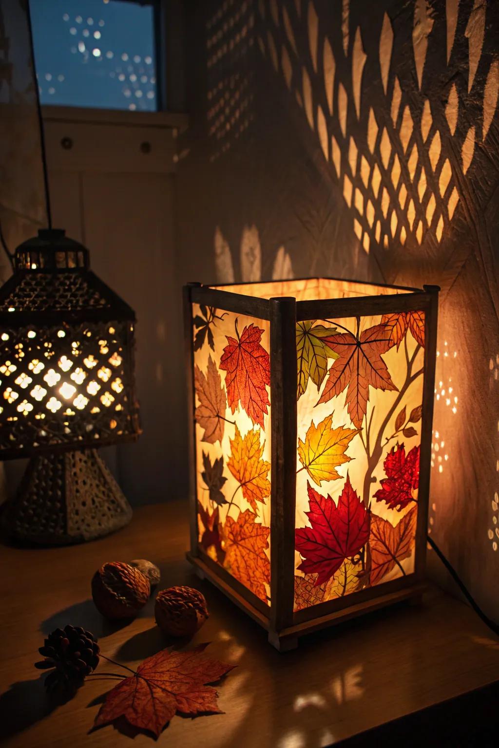 A radiant leaf lantern casting a warm glow on a fall evening.