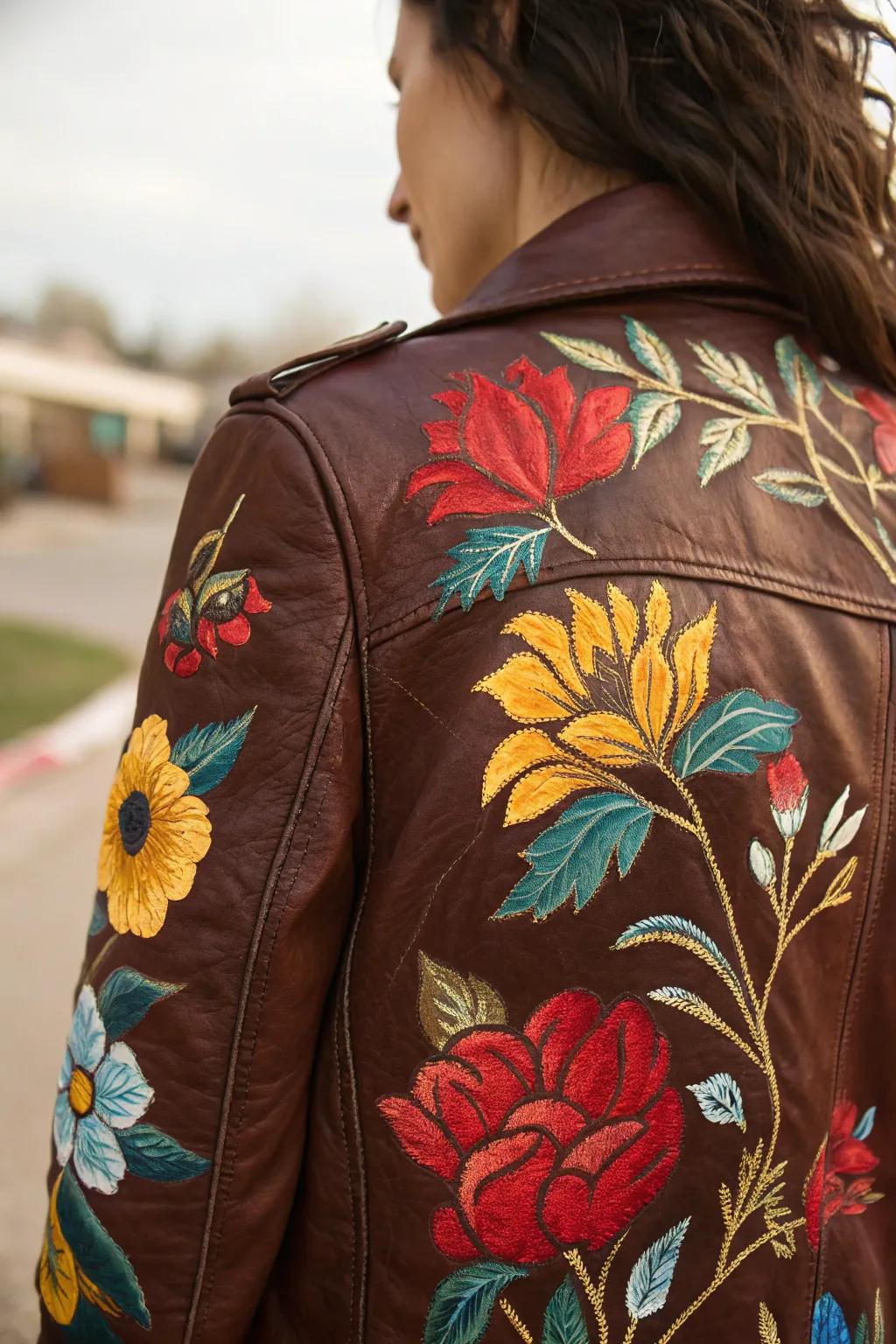 Embrace spring all year with this handcrafted floral masterpiece on leather.