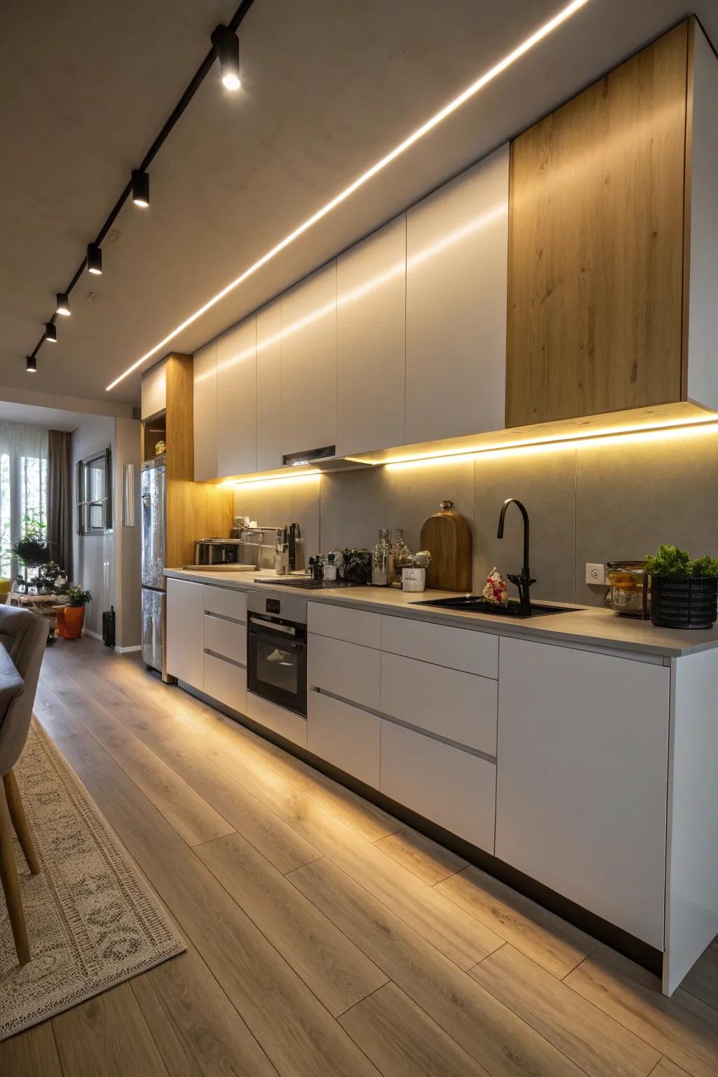 Under-cabinet LED lights brighten up the kitchen workspace.