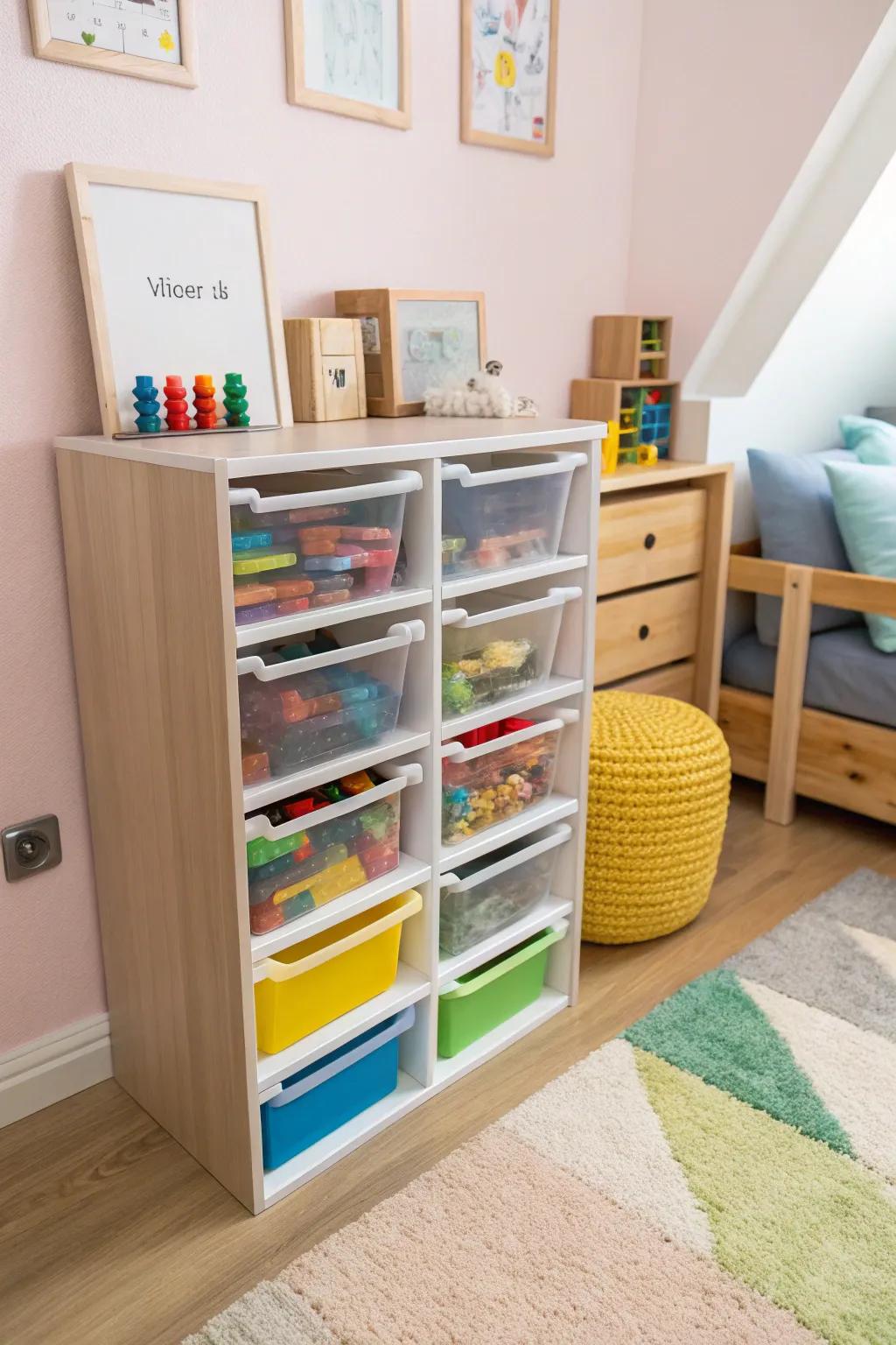 Color-coded drawers simplify Lego storage.