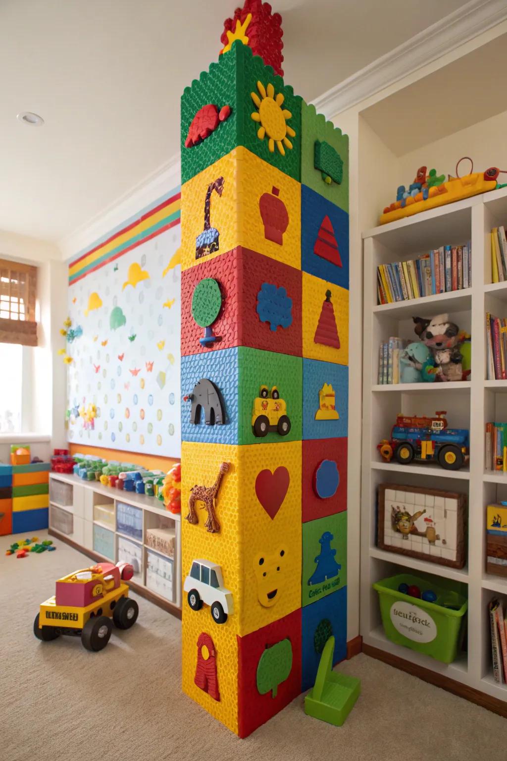 A vertical LEGO wall turns this playroom into a creative playground.