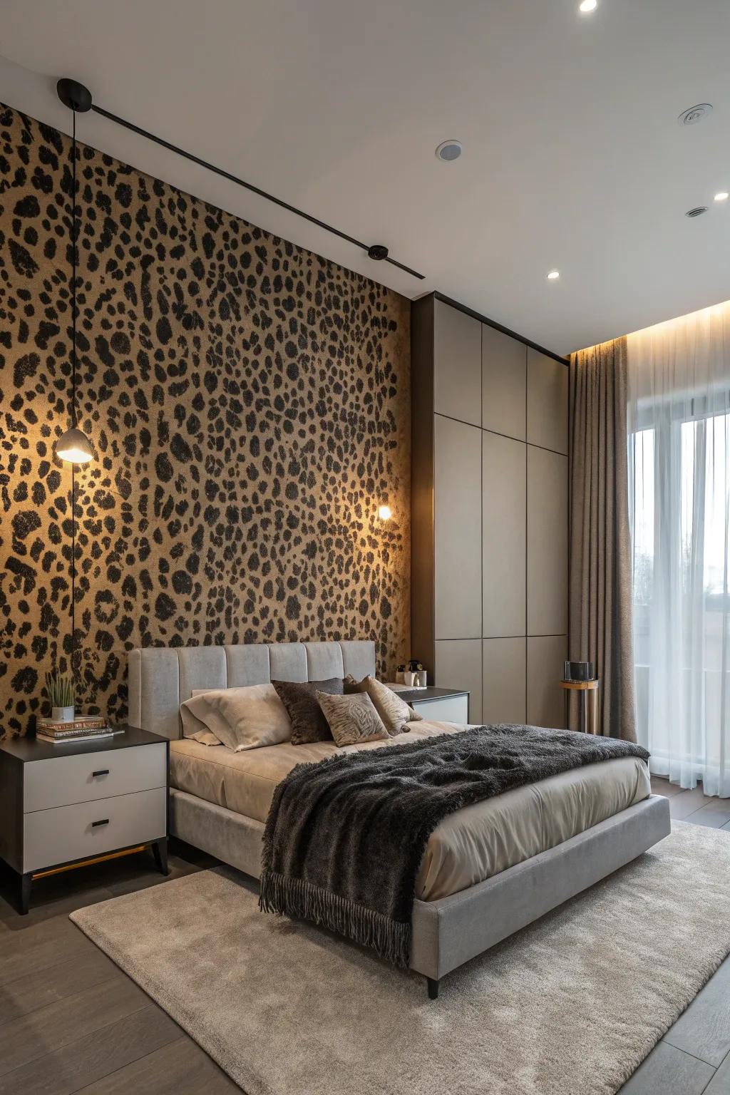 A leopard print accent wall adds a bold statement to a modern bedroom.