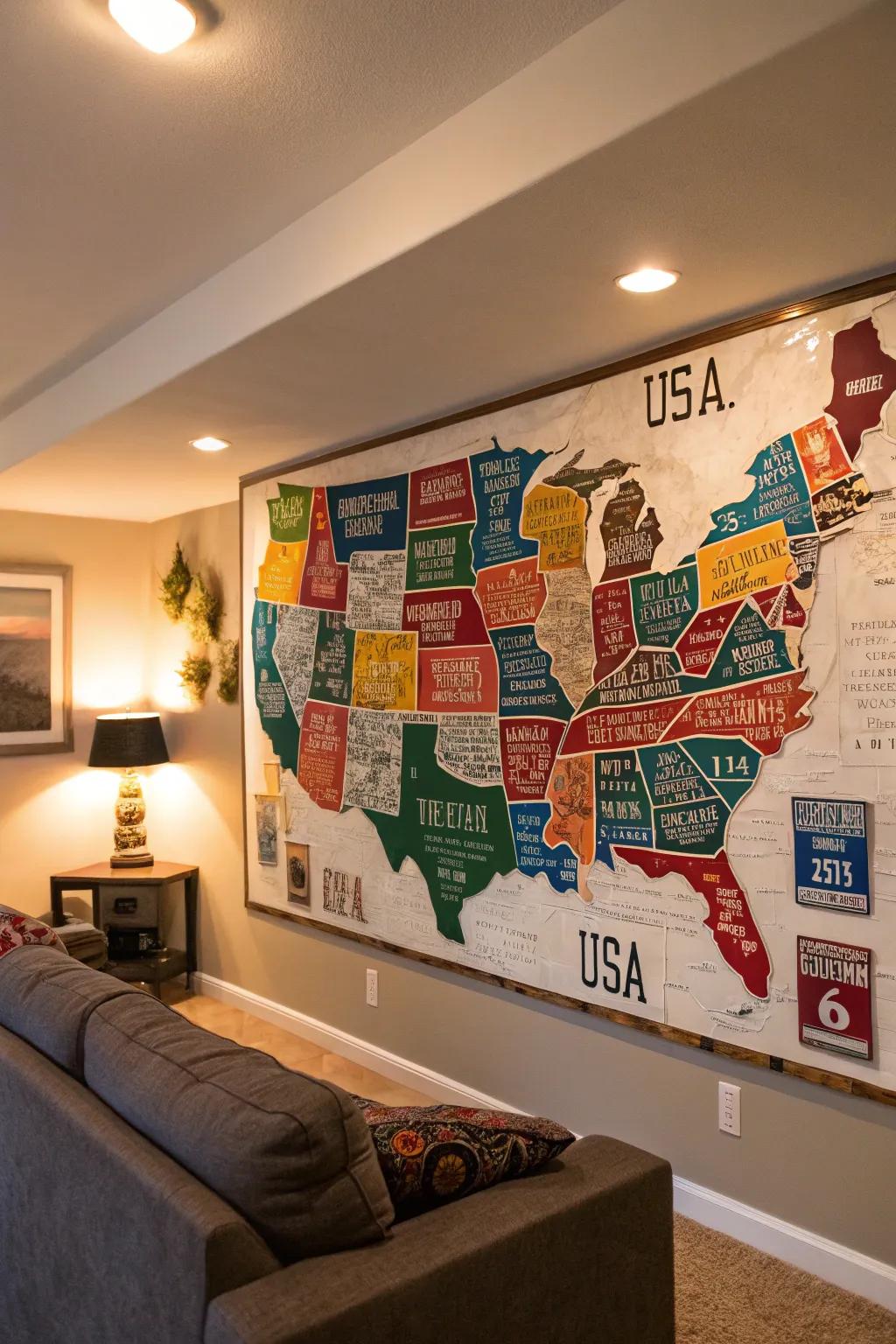 License plate wall map adding character and charm to a living space.