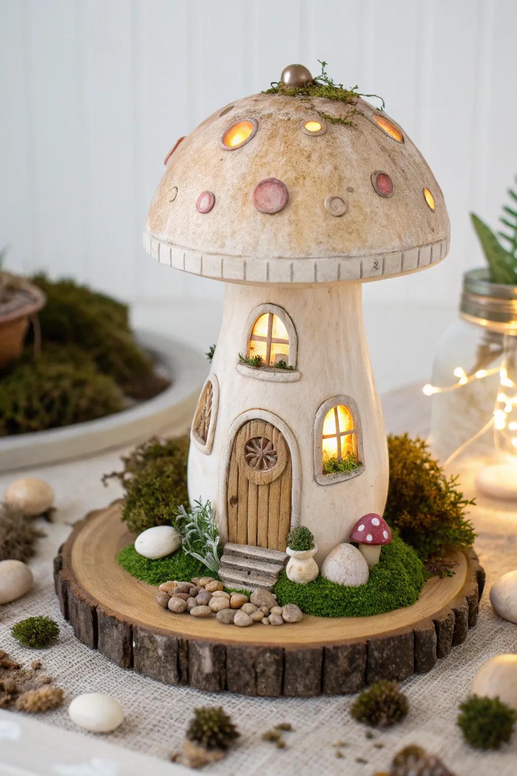 Enchant your space with a whimsical mushroom fairy house crafted from a light bulb—simplicity meets magic!