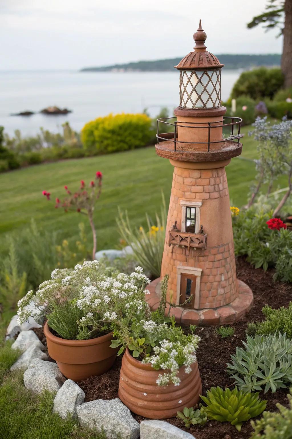 A charming clay pot lighthouse nestled among garden greenery