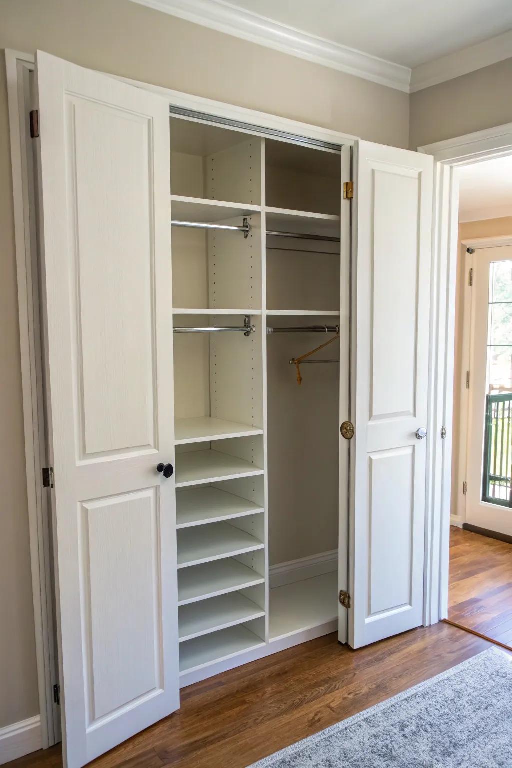 A completely cleared linen closet, ready for a fresh start.