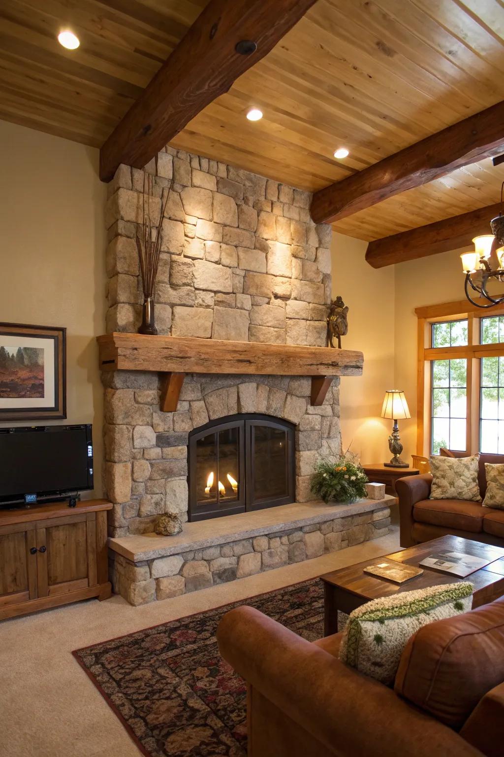 A rustic living room showcasing a cedar live edge mantel above a stone fireplace.