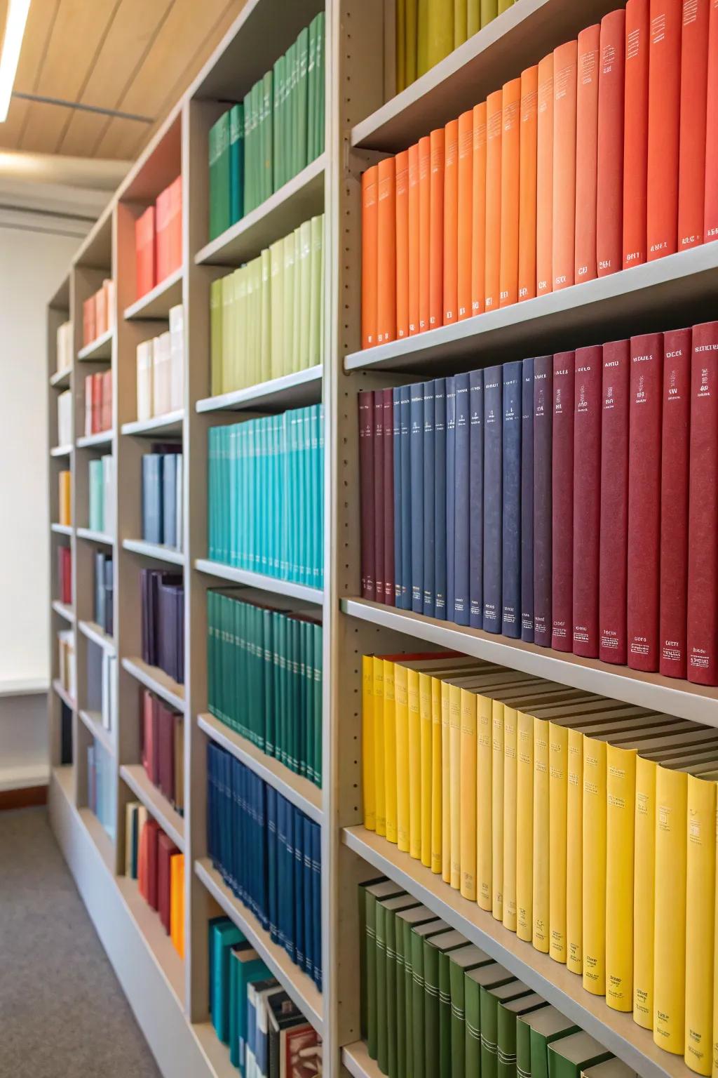 A rainbow of books adds a pop of color to the living room.