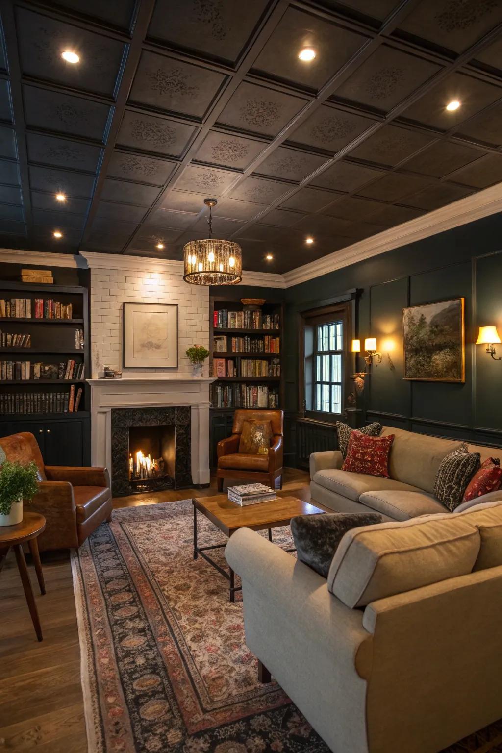 A living room transformed into a cozy haven with a dark ceiling and inviting decor.