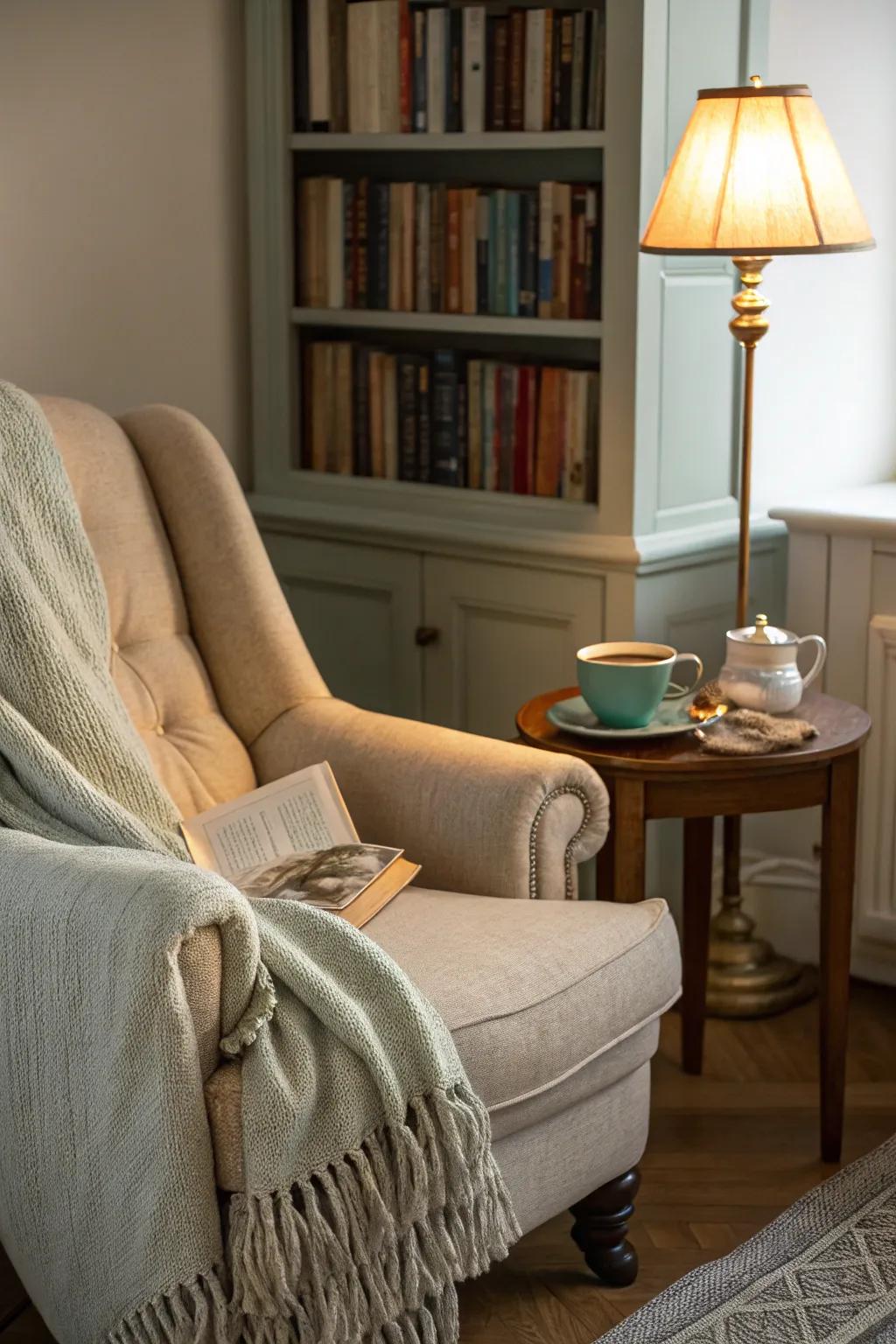 A reading nook designed for book lovers, complete with a cozy armchair and a warm glow.