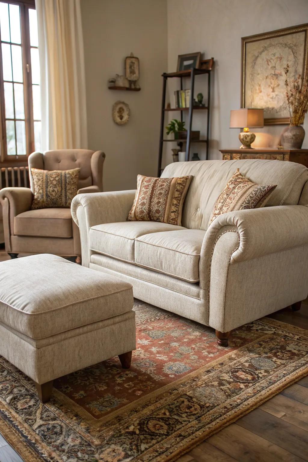 A classic sofa and armchair duo offers versatility and comfort.