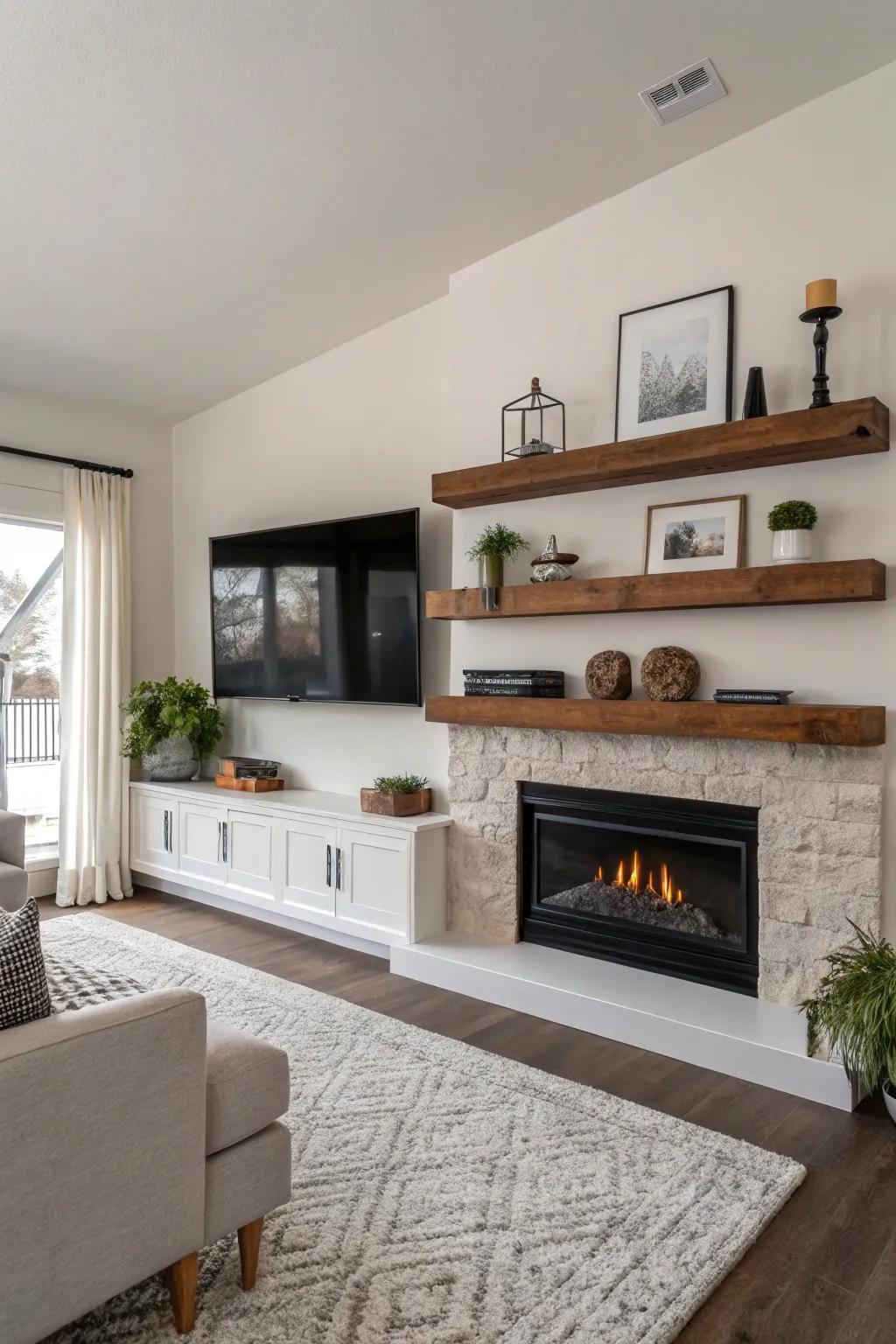 Floating shelves offer a sleek solution for TV placement.