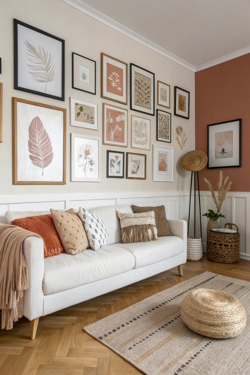 Transform your living room with a chic gallery wall that blends Scandinavian simplicity with boho charm.