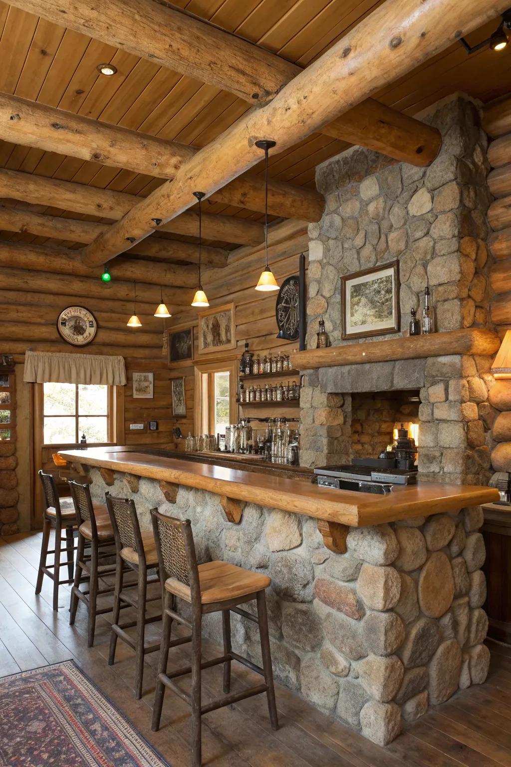 A log cabin bar that embraces rustic charm with wooden beams and stone accents.