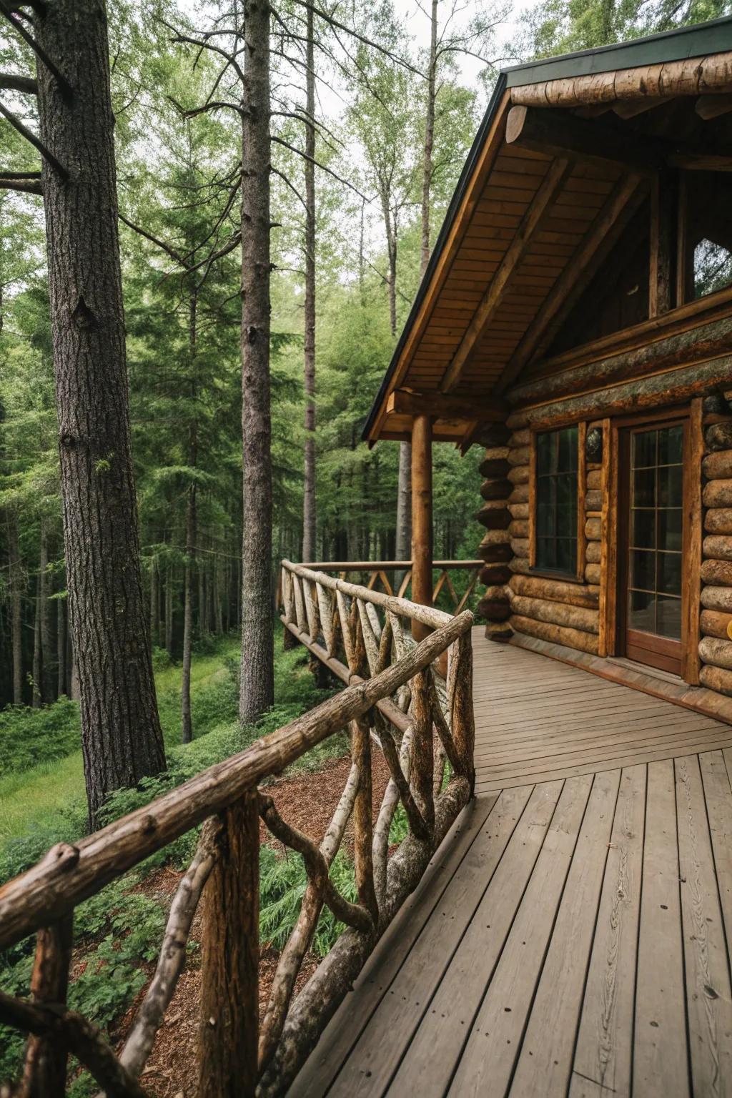 A log cabin deck with beautifully rustic twig railings.