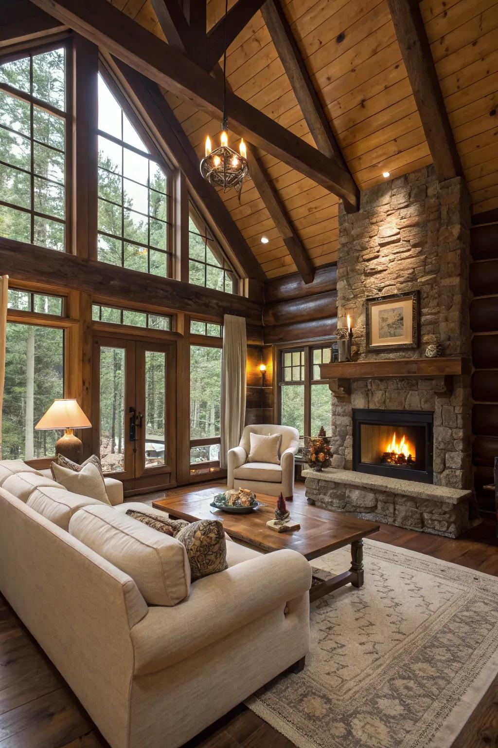 A log cabin living room where dark wood beams meet light furnishings for a balanced look.