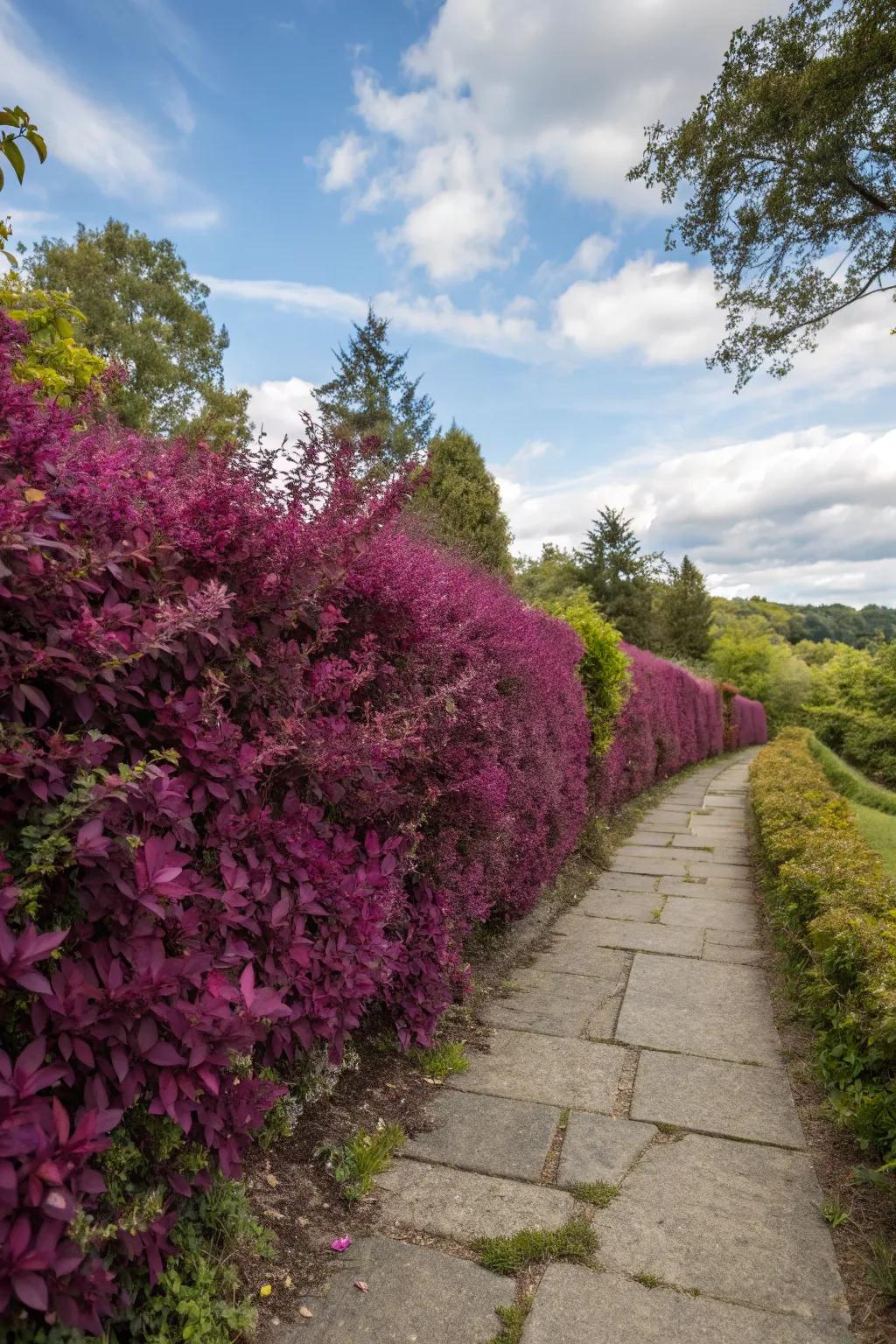 A striking loropetalum hedge adds privacy and color to any garden.