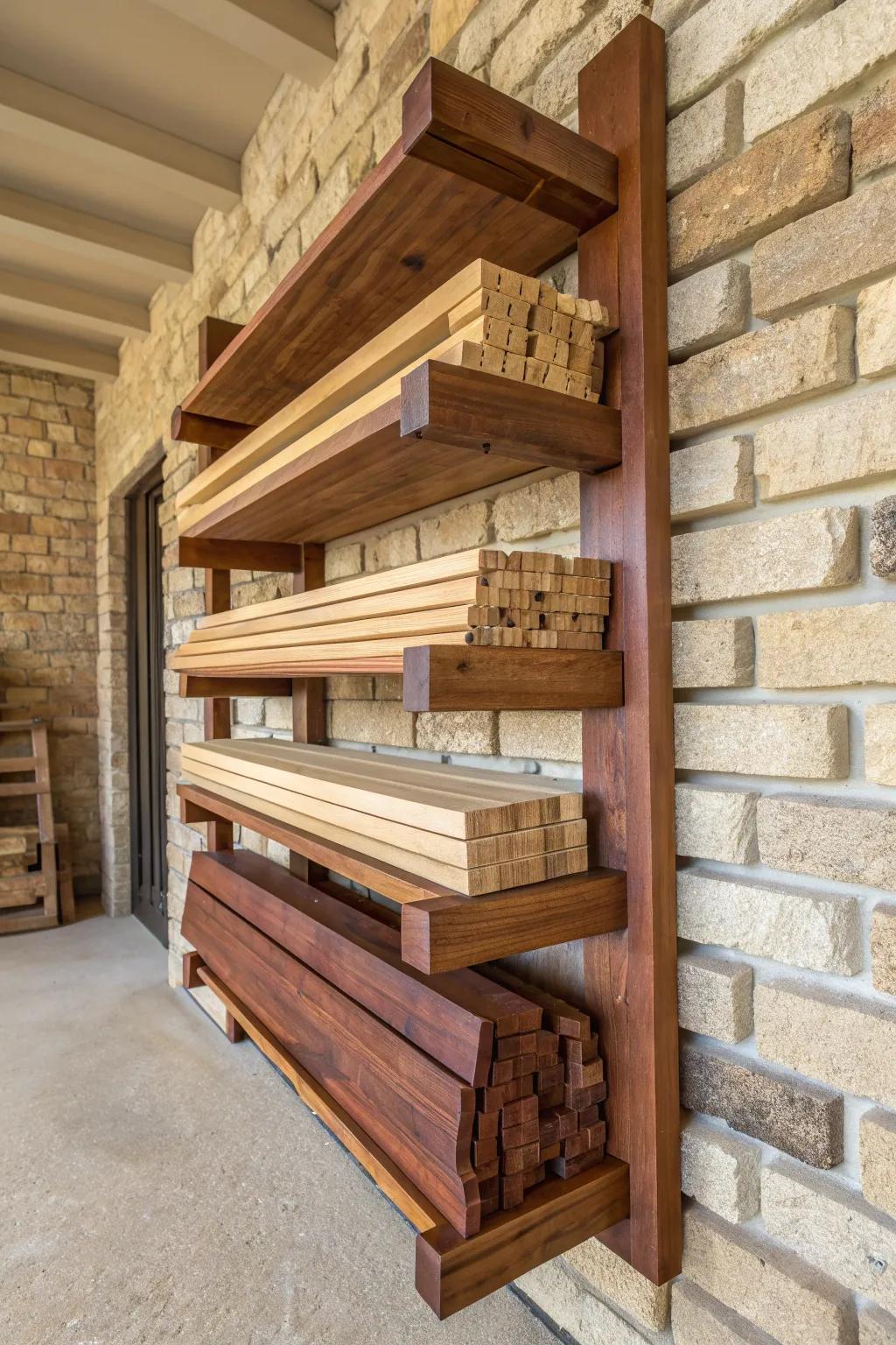 Elevate your workshop with a handcrafted wall-mounted lumber rack—where form meets function.