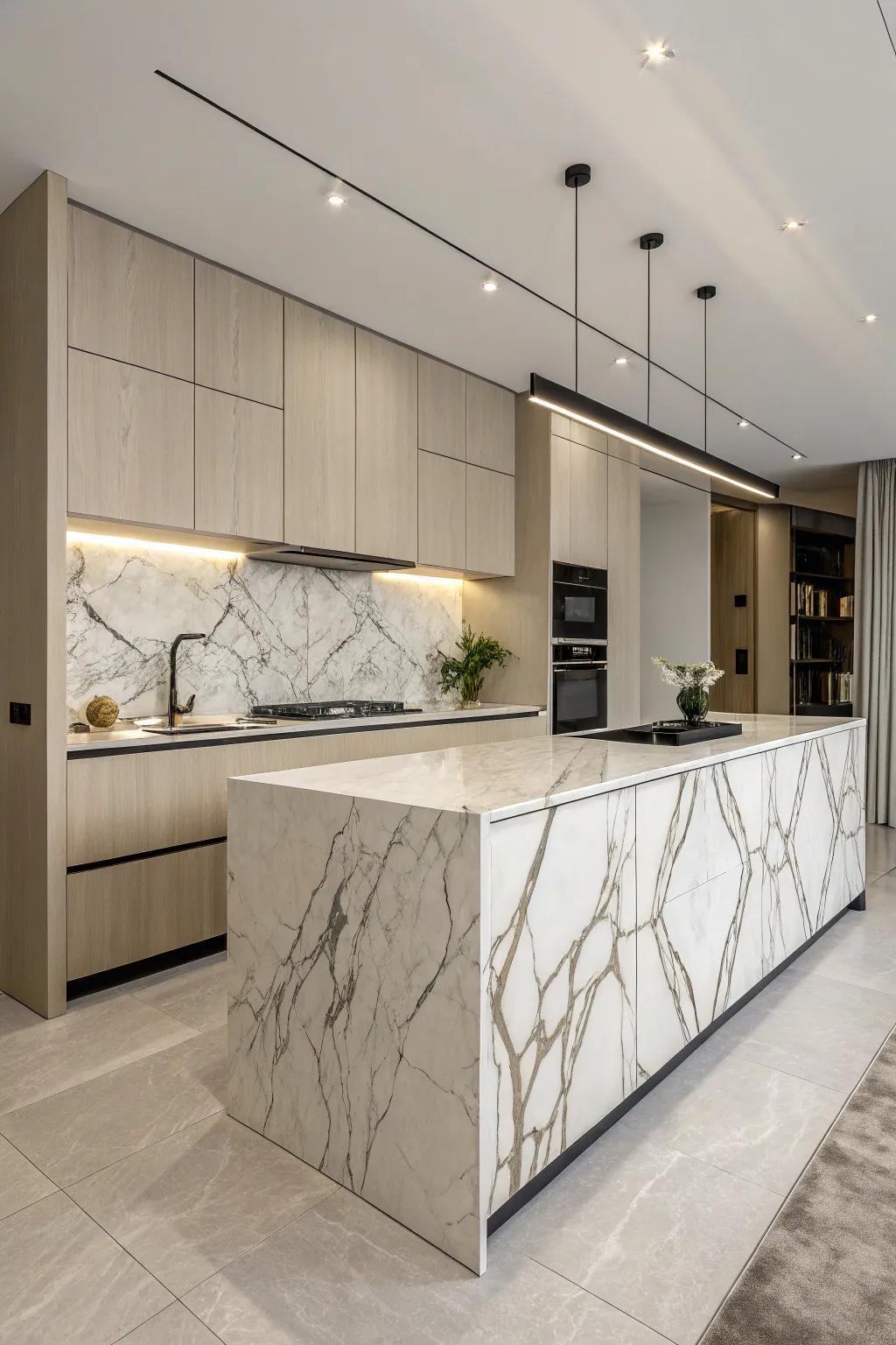 A dramatic kitchen island with bold veined marble.