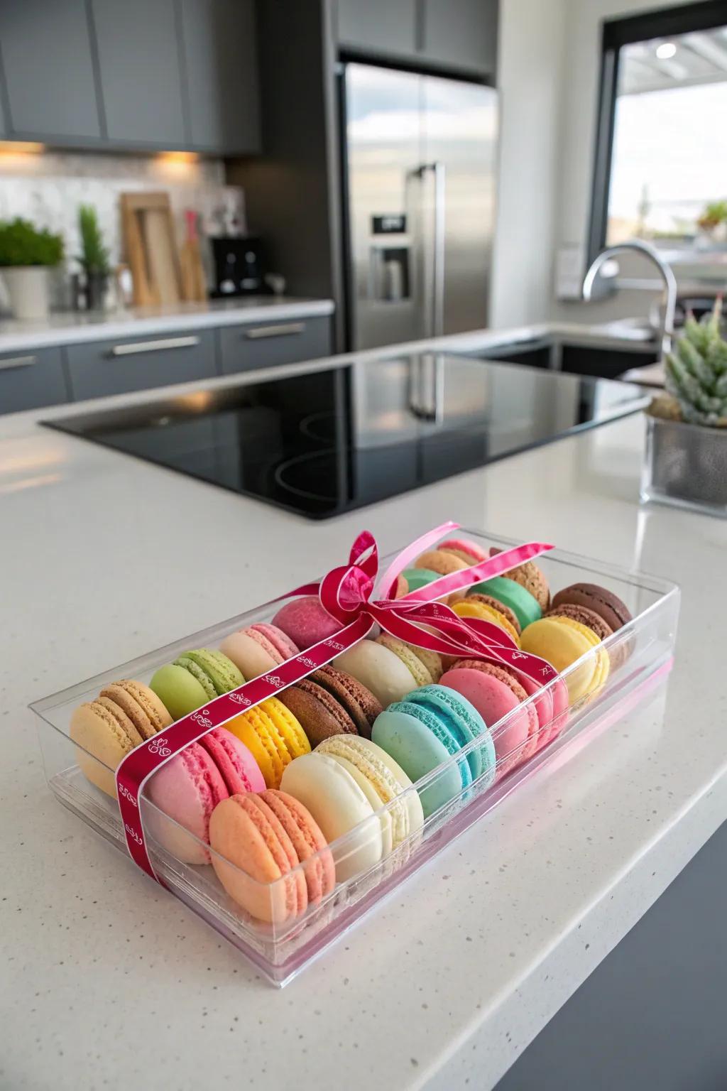 Macarons elegantly showcased in chic clear boxes.