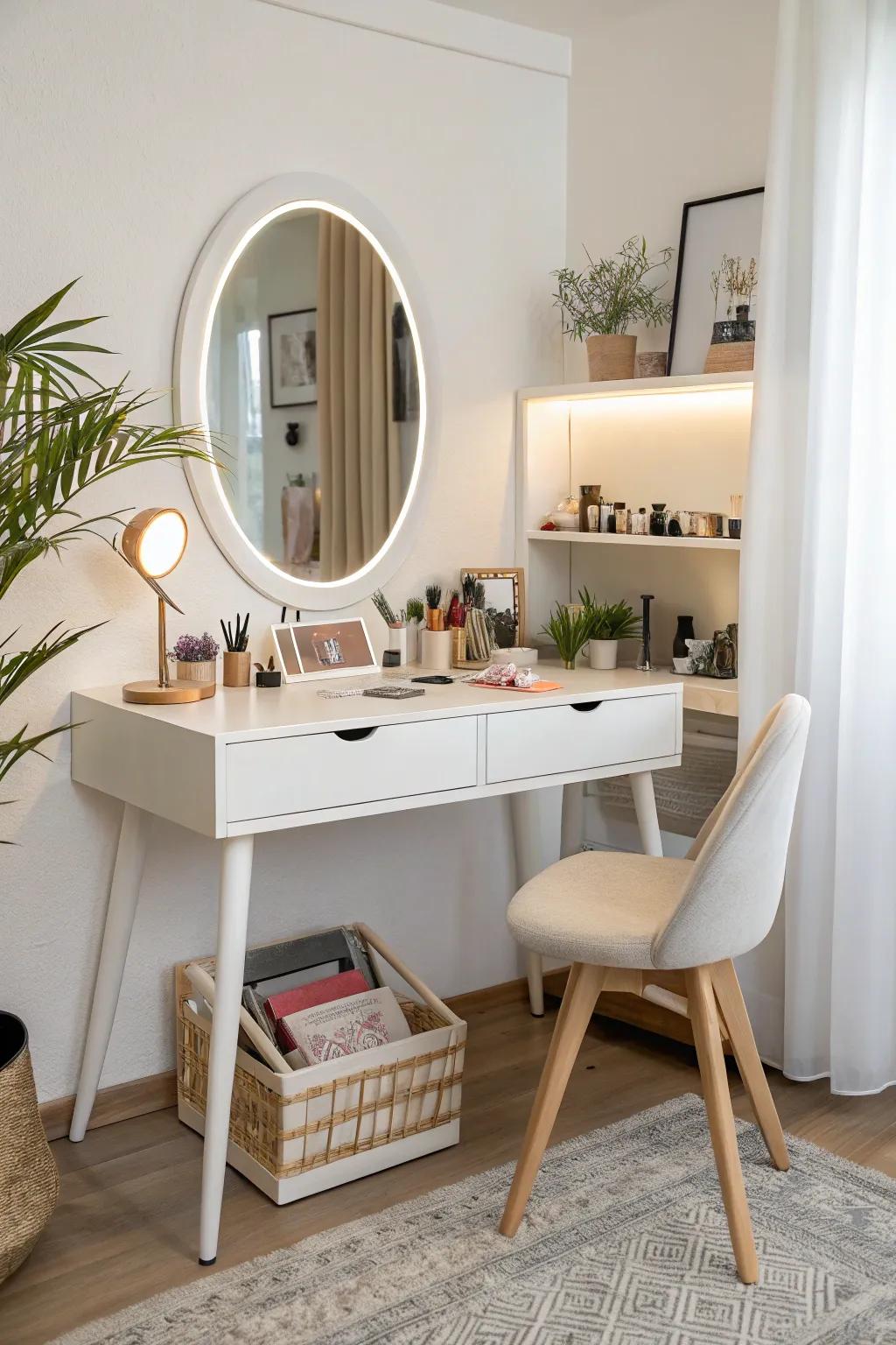 A minimalist makeup studio with functional elegance.