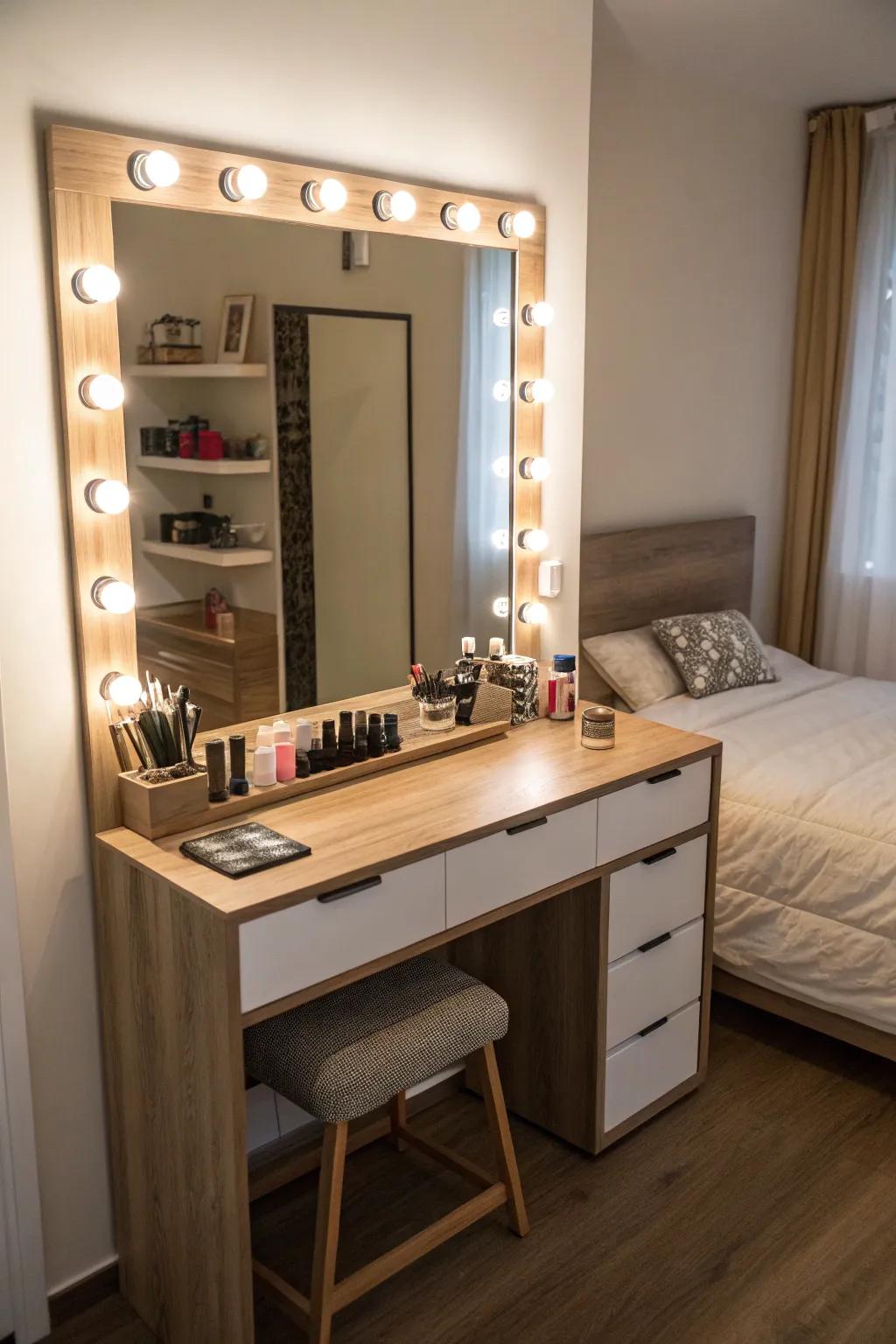 A corner vanity set can efficiently utilize small bedroom spaces.