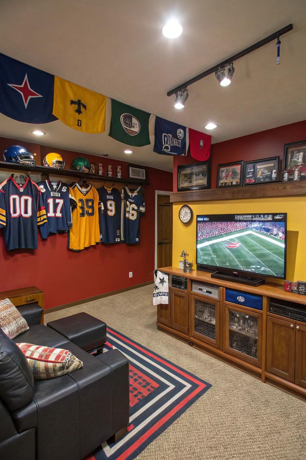 Turn your man cave into a sports lover's paradise with team memorabilia and a big screen.