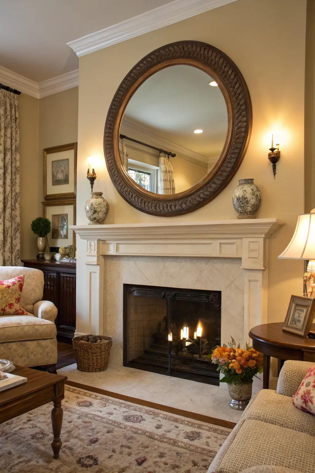 A living room featuring a large round mirror above the mantel.