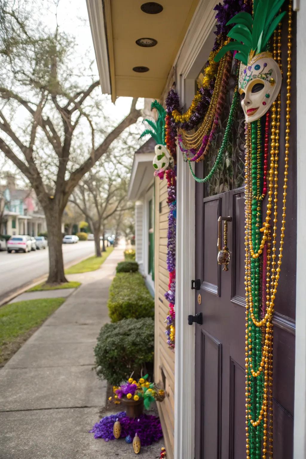 Create a grand entrance with beads and masks for your Mardi Gras bash.