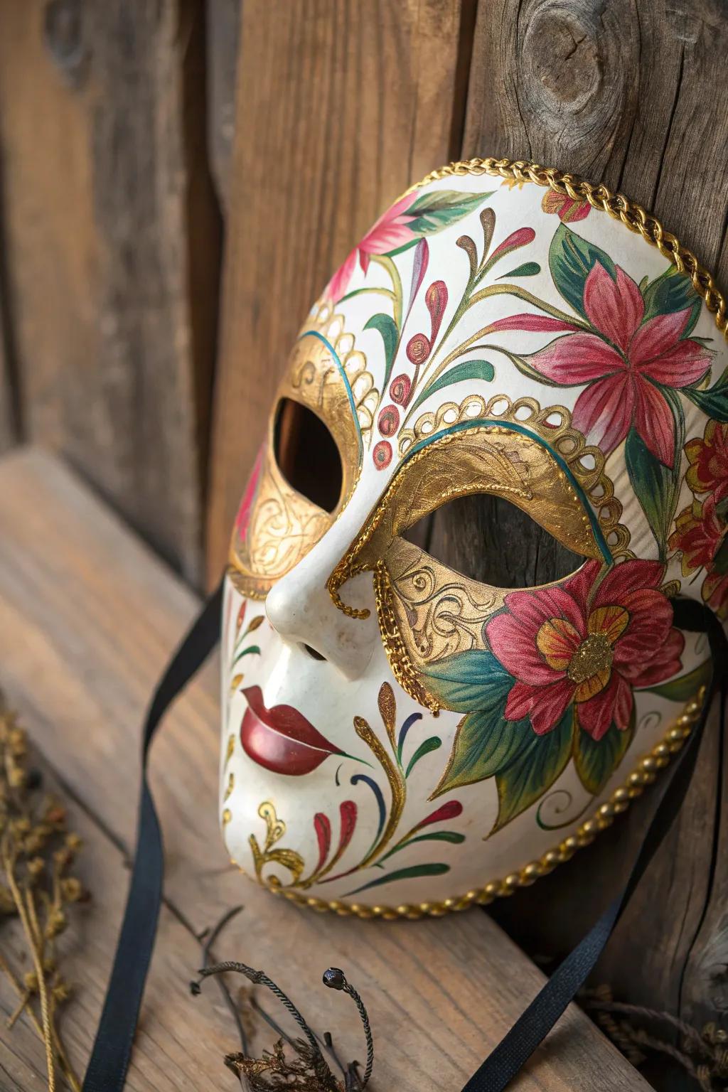 A bohemian floral mask that brings a touch of whimsy to your home.