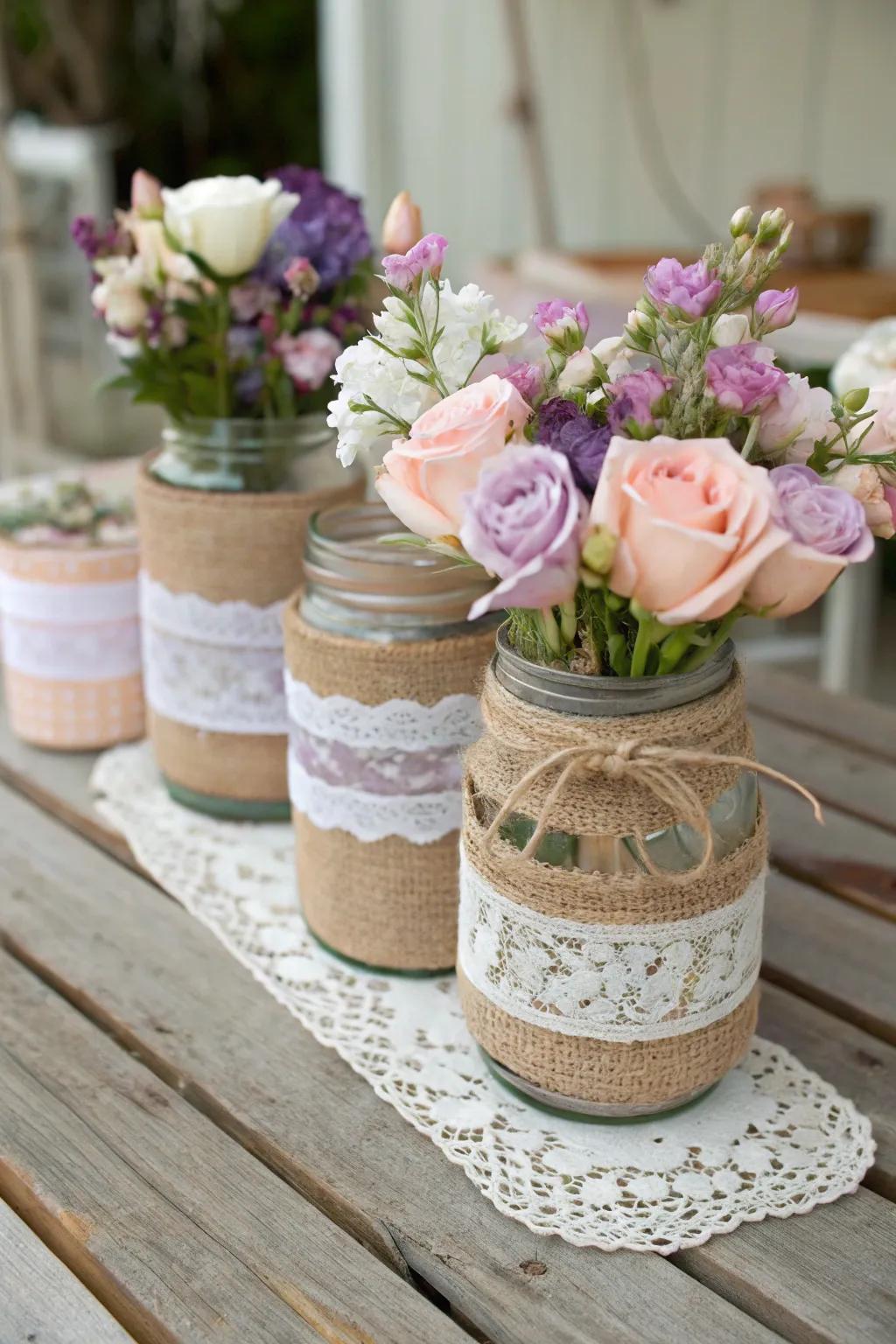 Burlap and lace-wrapped mason jars create a timeless rustic centerpiece.