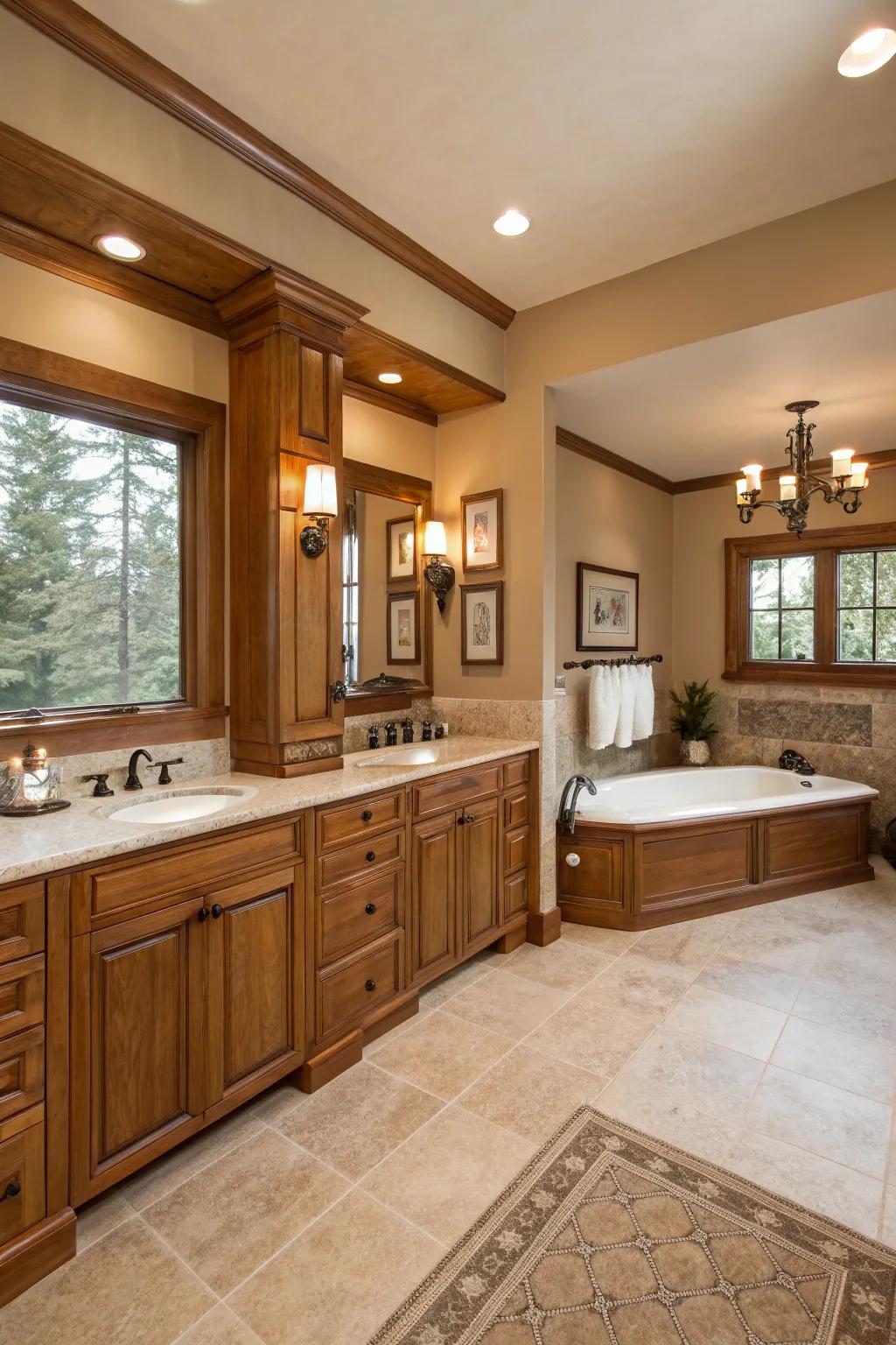 Warm wood accents add a cozy touch to this master bathroom.