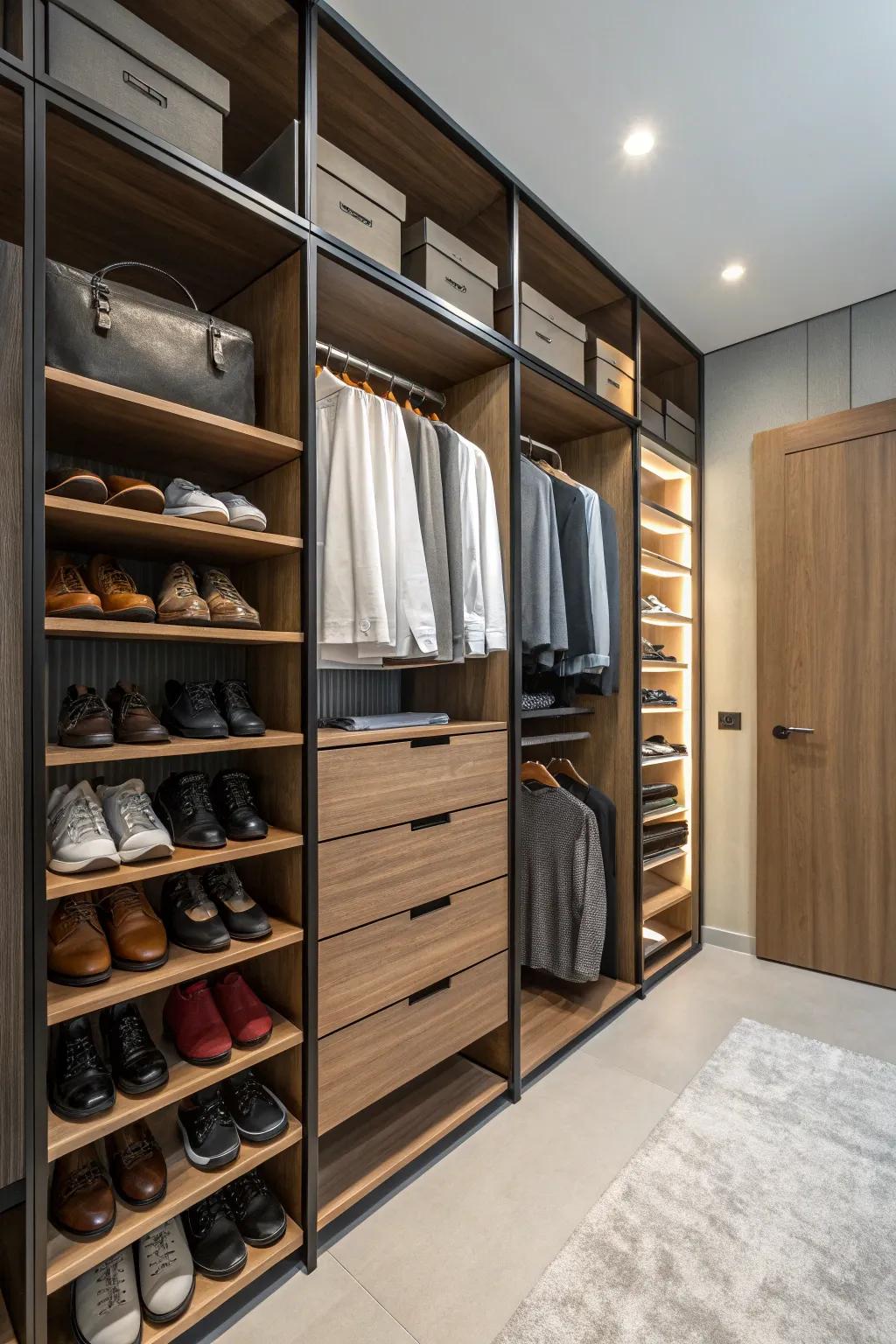 Maximize vertical space with tall shelves and an organized shoe rack.