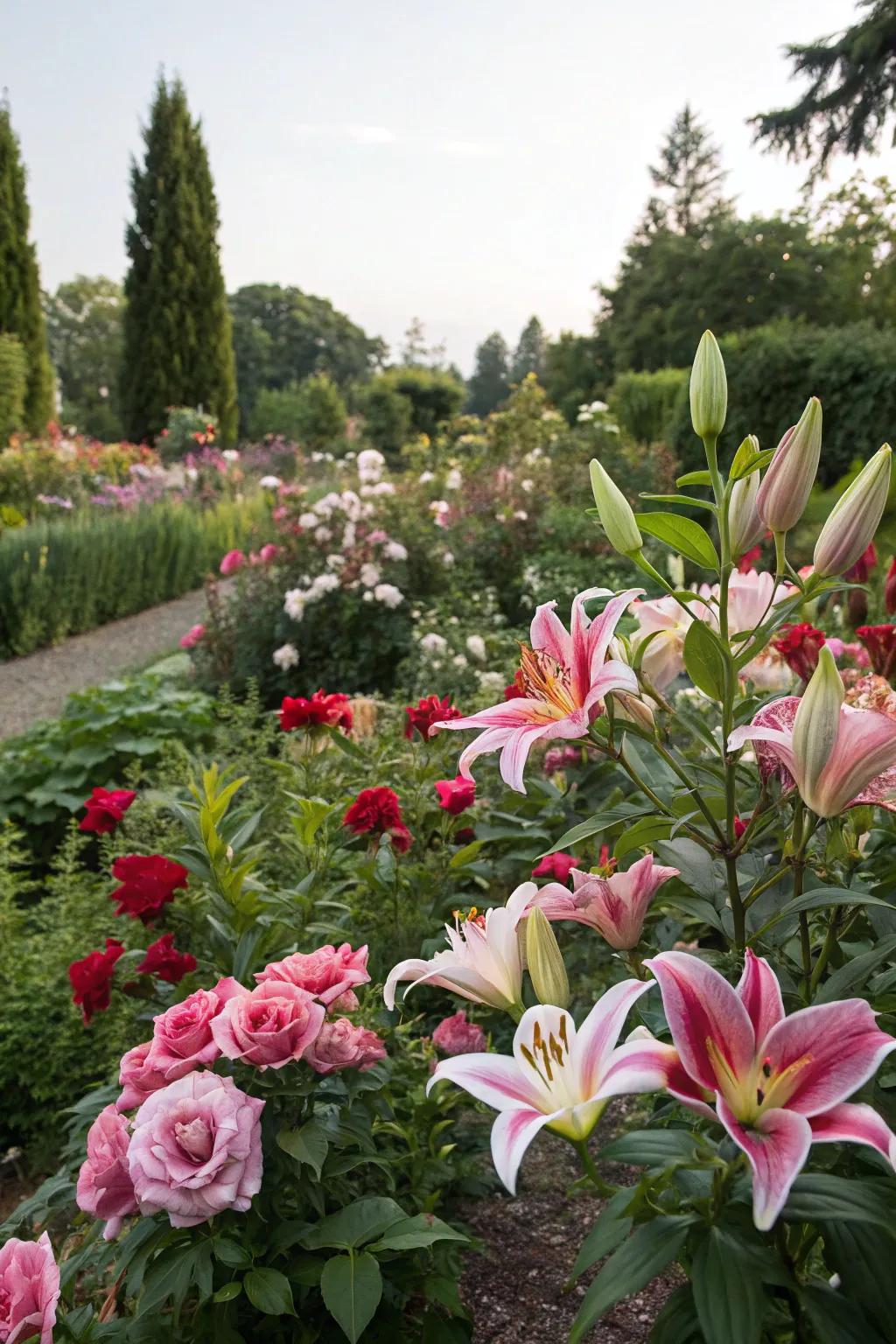 A garden bed filled with lilies and roses, offering a fragrant tribute.