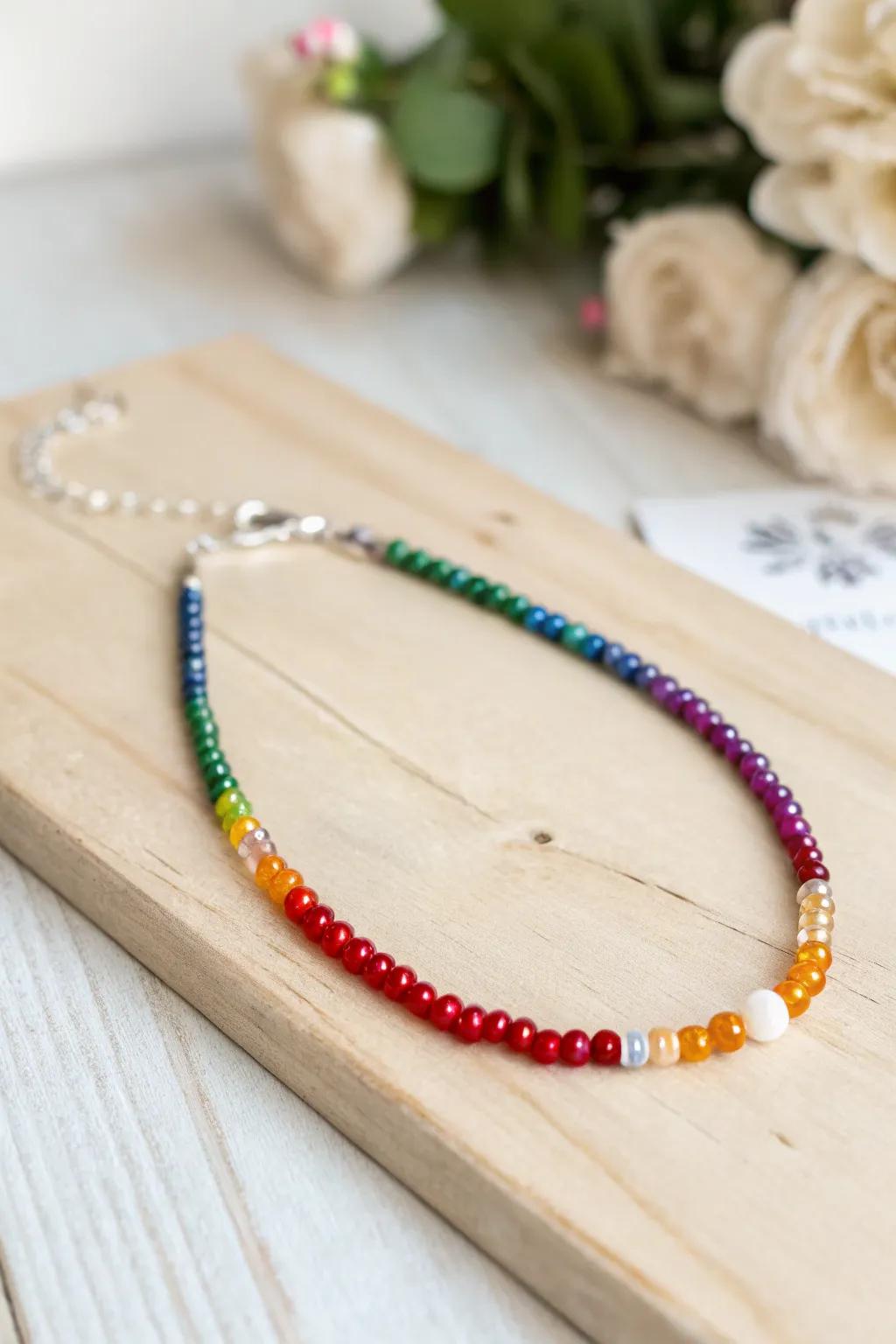 Add a splash of color to your style with this handcrafted rainbow beaded necklace.