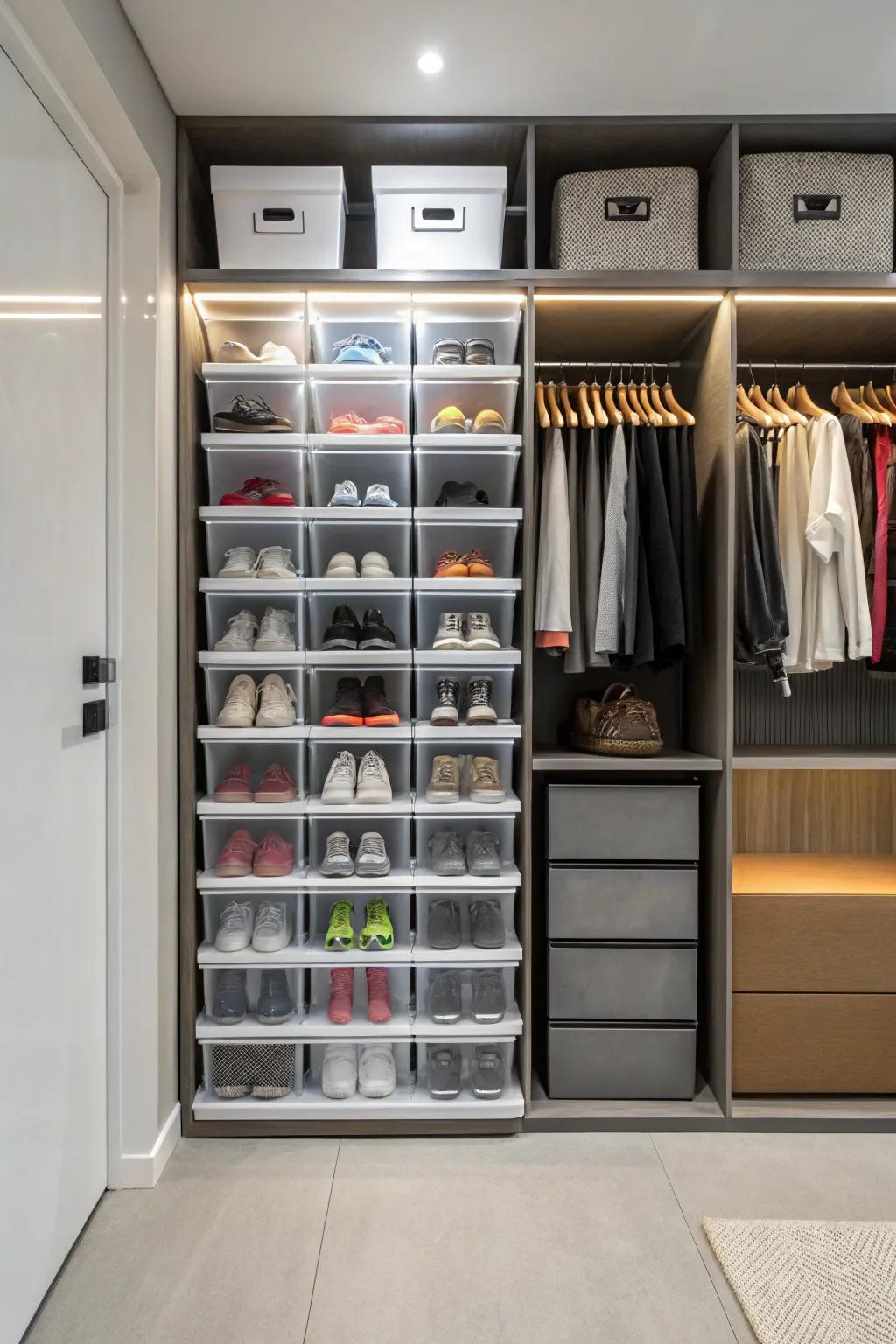 Stackable bins offer a sleek and organized shoe storage solution.